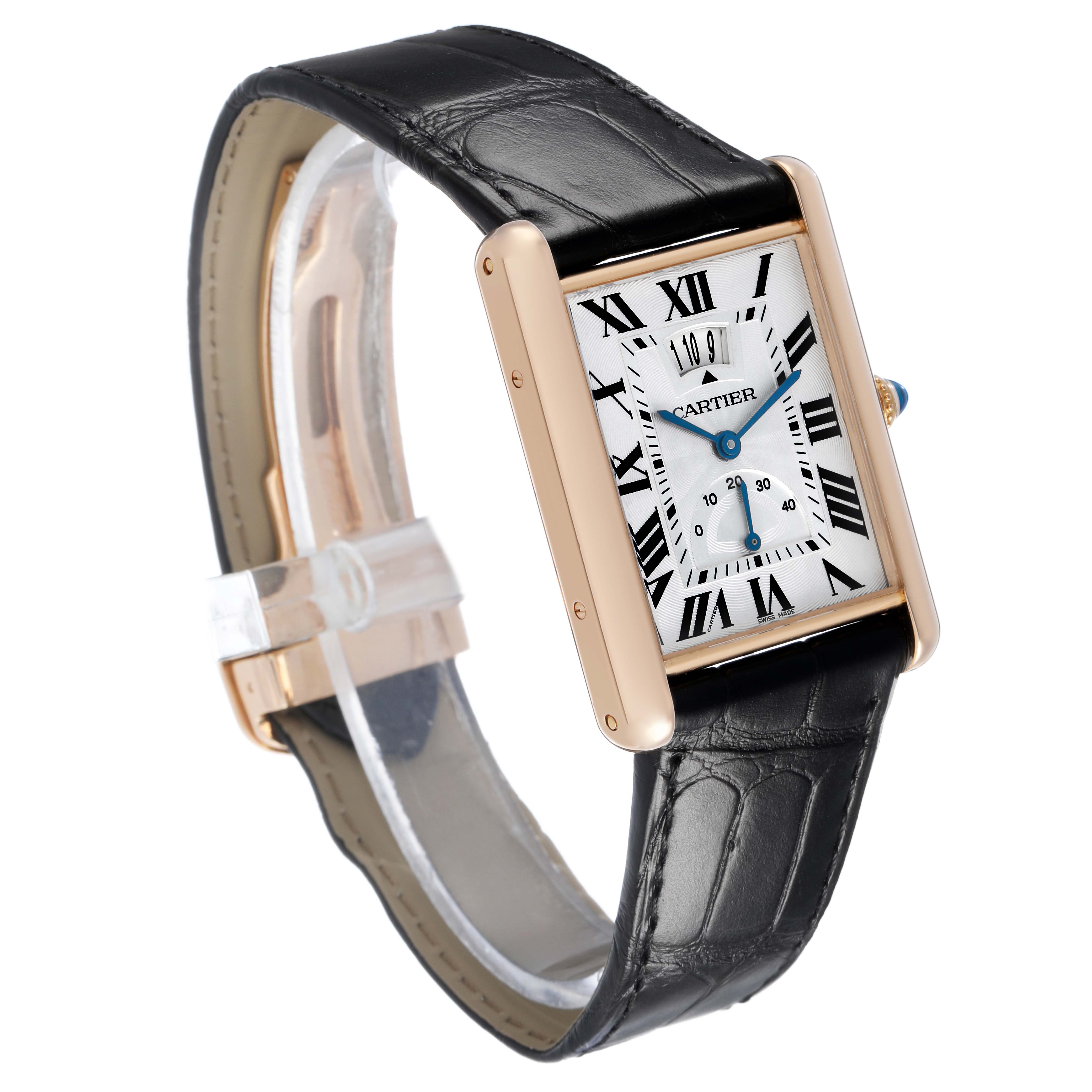 The Cartier Tank Louis W1560003 Men's Rose Gold Silver Dial watch is shown at a three-quarter angle, displaying the rectangular case, dial, crown, and leather strap.