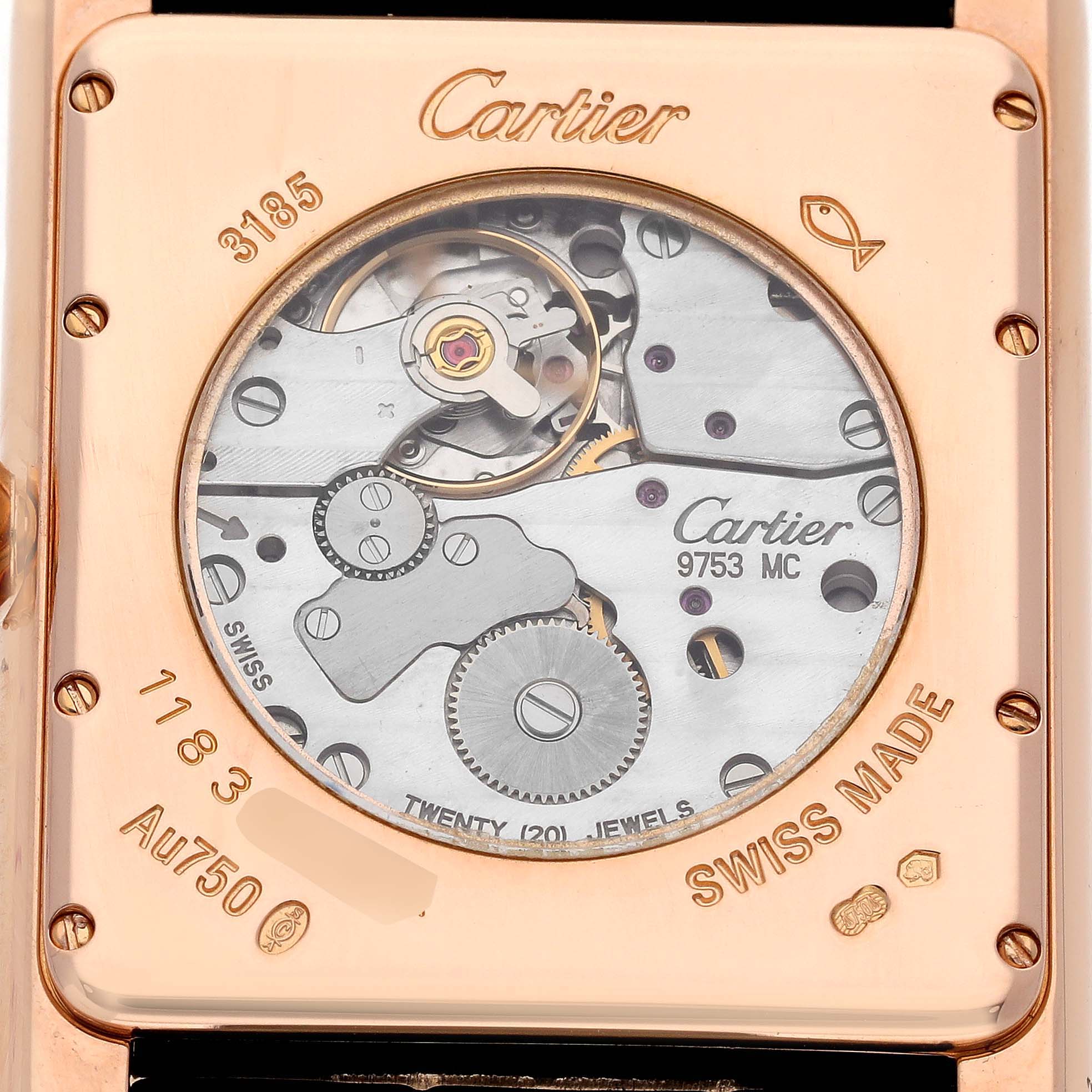 The image shows the back view of a Cartier Tank Louis W1560003 Men's Rose Gold Silver Dial watch, highlighting its movement and engravings.