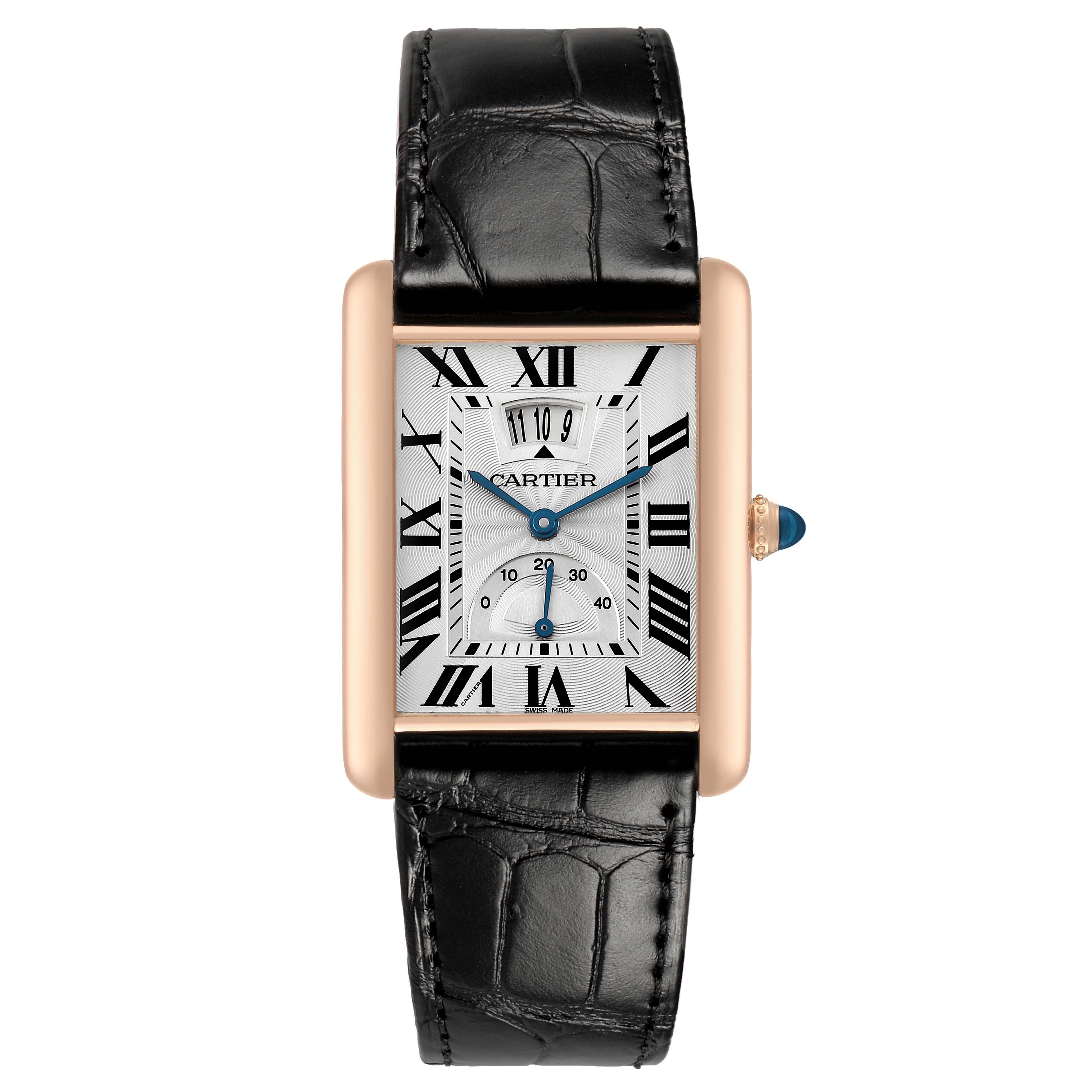 The Cartier Tank Louis W1560003 Men's Rose Gold Silver Dial watch is shown from the front, displaying its rectangular face, leather strap, and Roman numeral dial.