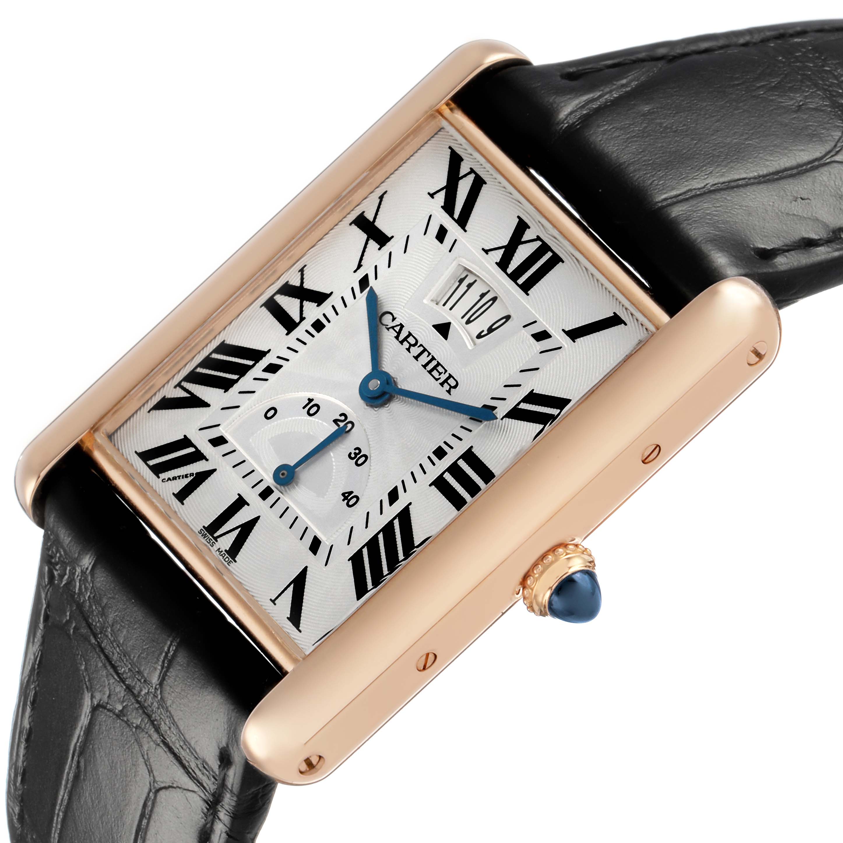 The Cartier Tank Louis W1560003 Men's Rose Gold Silver Dial watch is shown at an angled view, highlighting its rectangular dial, crown, and leather strap.