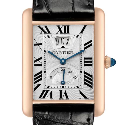 The Cartier Tank Louis W1560003 Men's Rose Gold Silver Dial watch is shown from the front, displaying its rectangular face, Roman numerals, and blue hands.