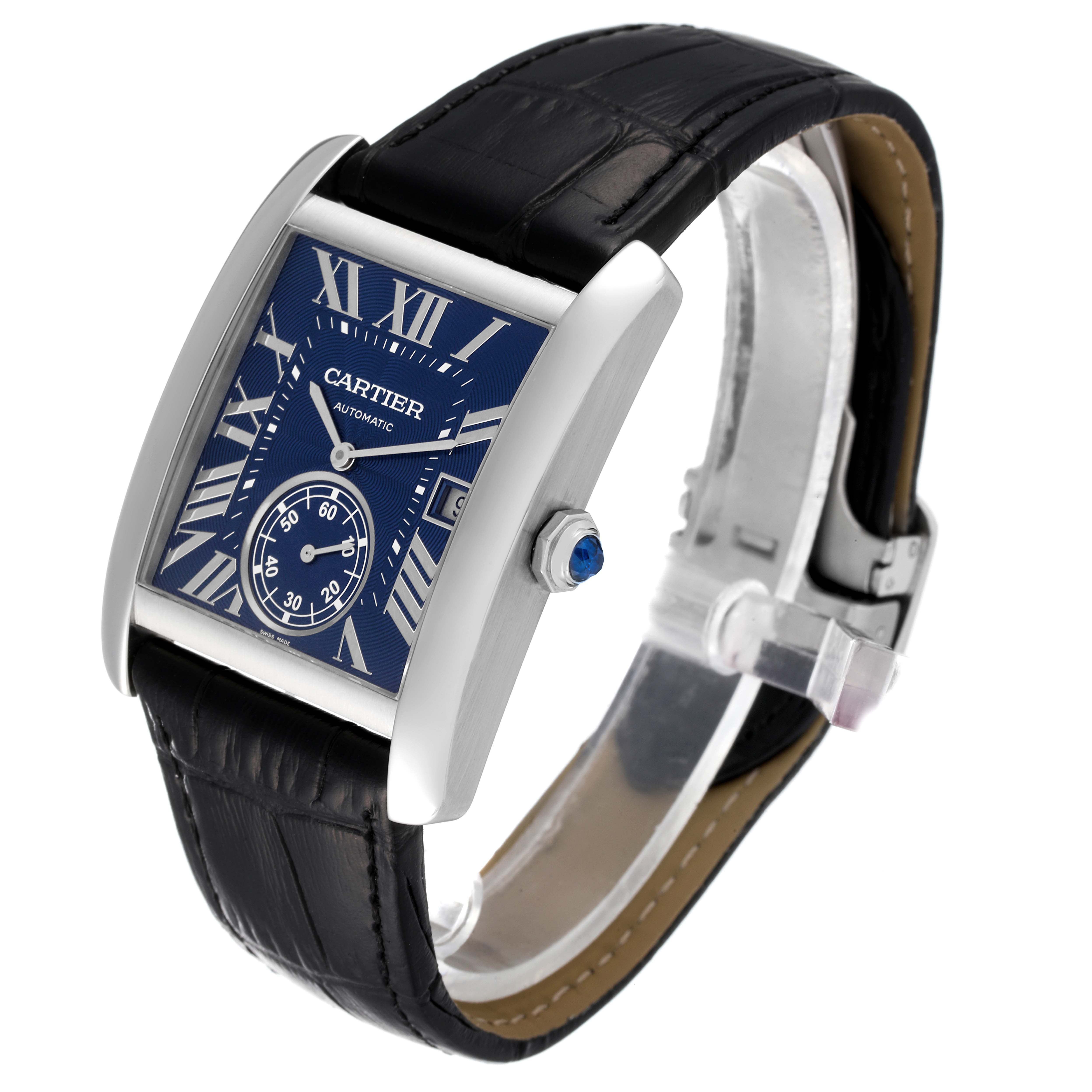 This image shows a Cartier Tank MC WSTA0010 Men
s Stainless Steel Blue Dial WSTA0010 Men
s Stainless Steel Blue Dial watch at an angled view, highlighting its black leather strap, blue dial, and stainless steel case.