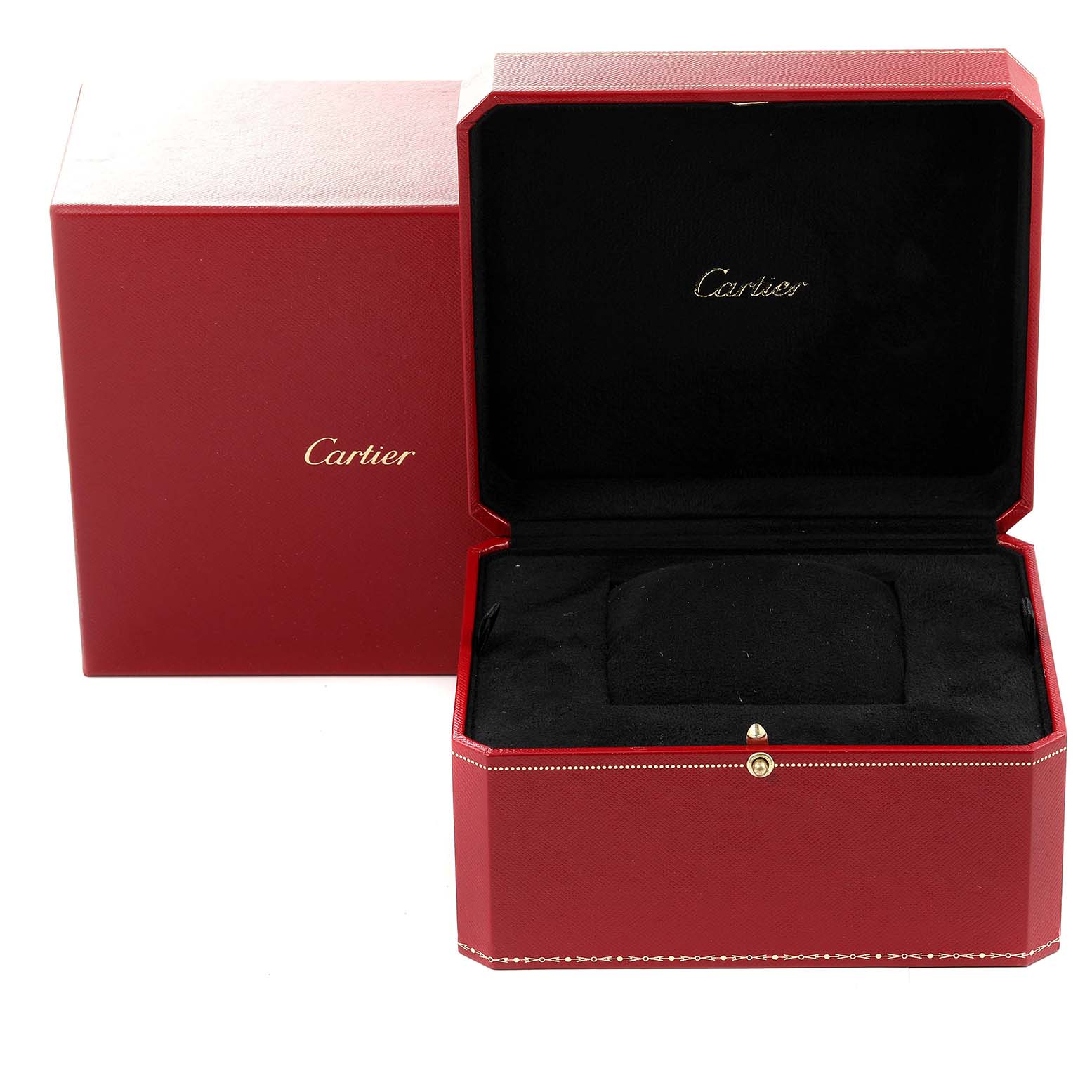 This image shows the red Cartier box and packaging from a Tank MC model watch.