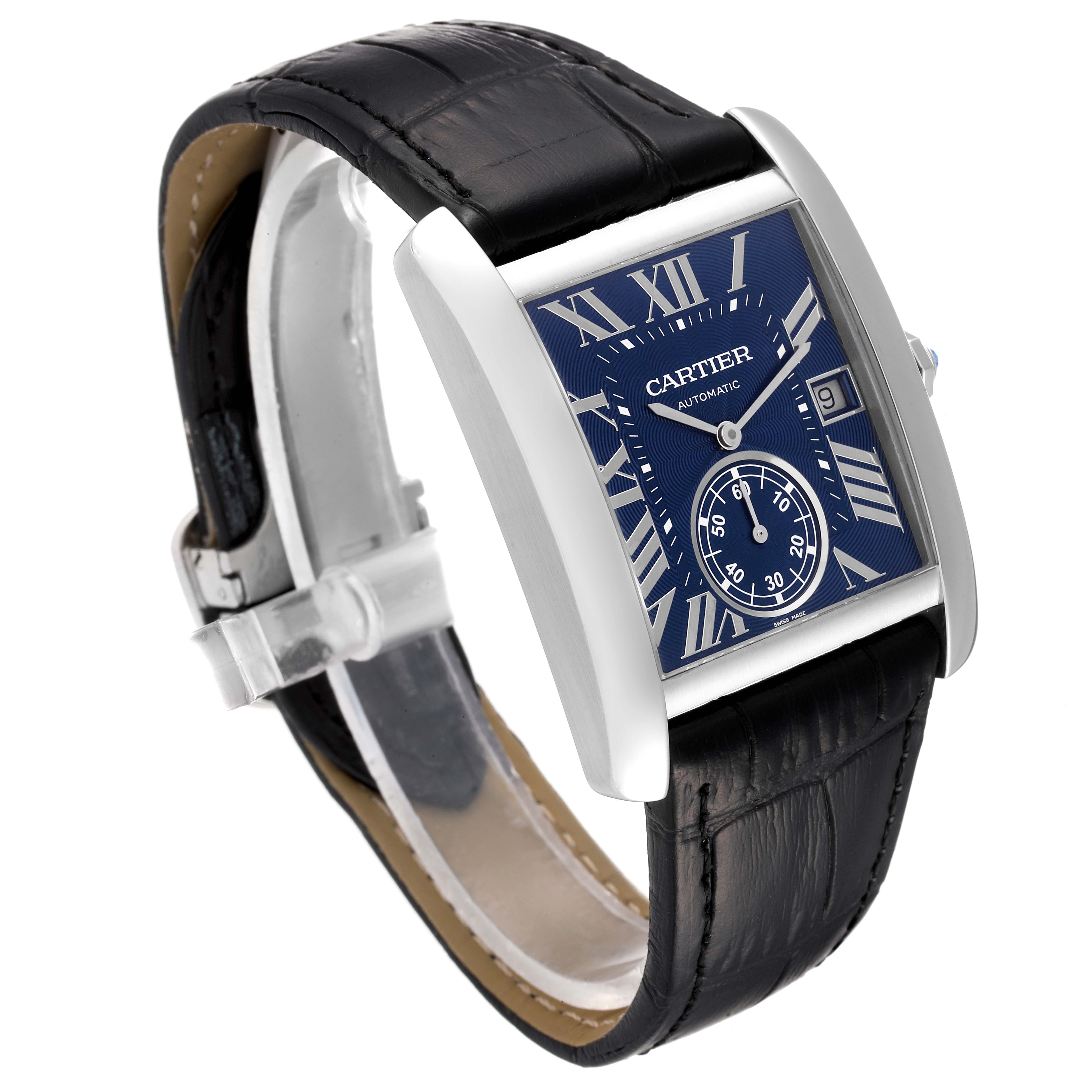 The Cartier Tank MC WSTA0010 Men
s Stainless Steel Blue Dial WSTA0010 Men
s Stainless Steel Blue Dial watch is shown at an oblique angle, displaying its blue dial, Roman numerals, date function, and black leather strap.