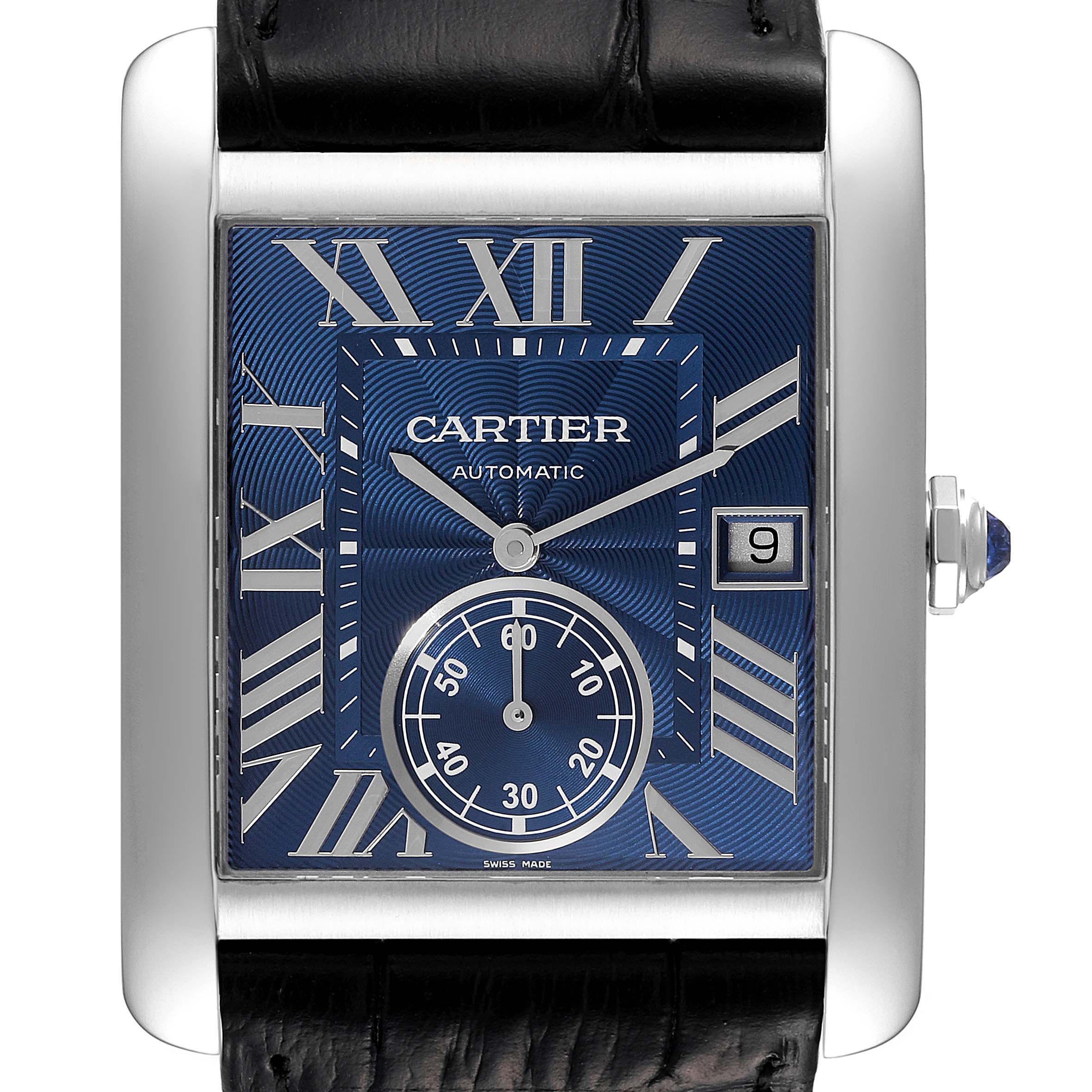 This image shows a front view of the Cartier Tank MC WSTA0010 Men
s Stainless Steel Blue Dial WSTA0010 Men
s Stainless Steel Blue Dial watch, highlighting its blue dial, Roman numerals, date window, and leather strap.