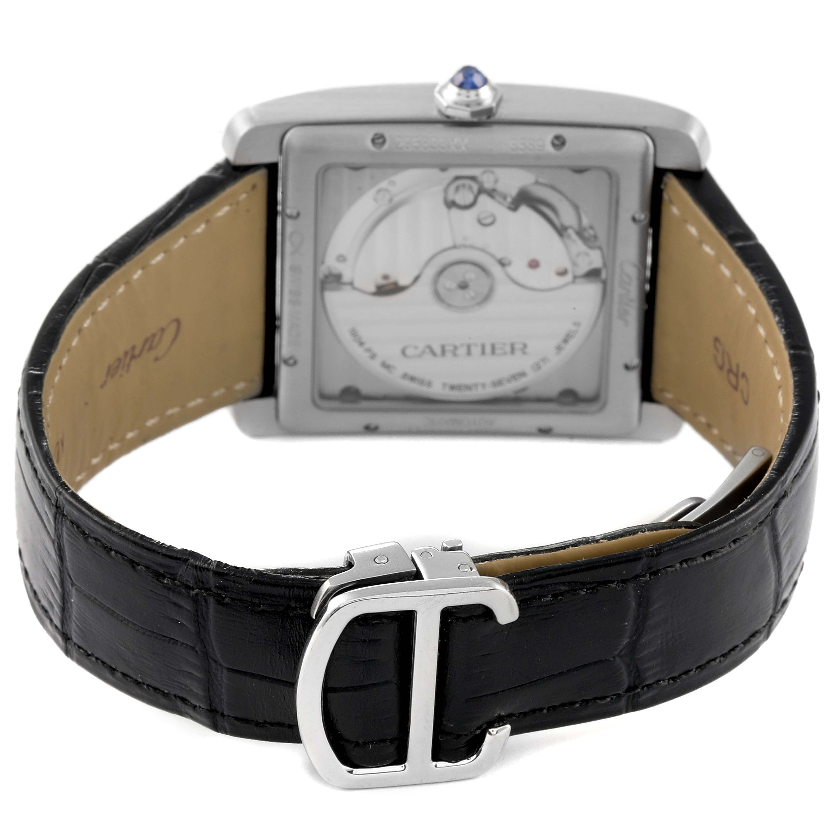 The image shows the back view of the Cartier Tank MC WSTA0010 Men
s Stainless Steel Blue Dial WSTA0010 Men
s Stainless Steel Blue Dial watch, featuring its mechanism, leather strap, and buckle.