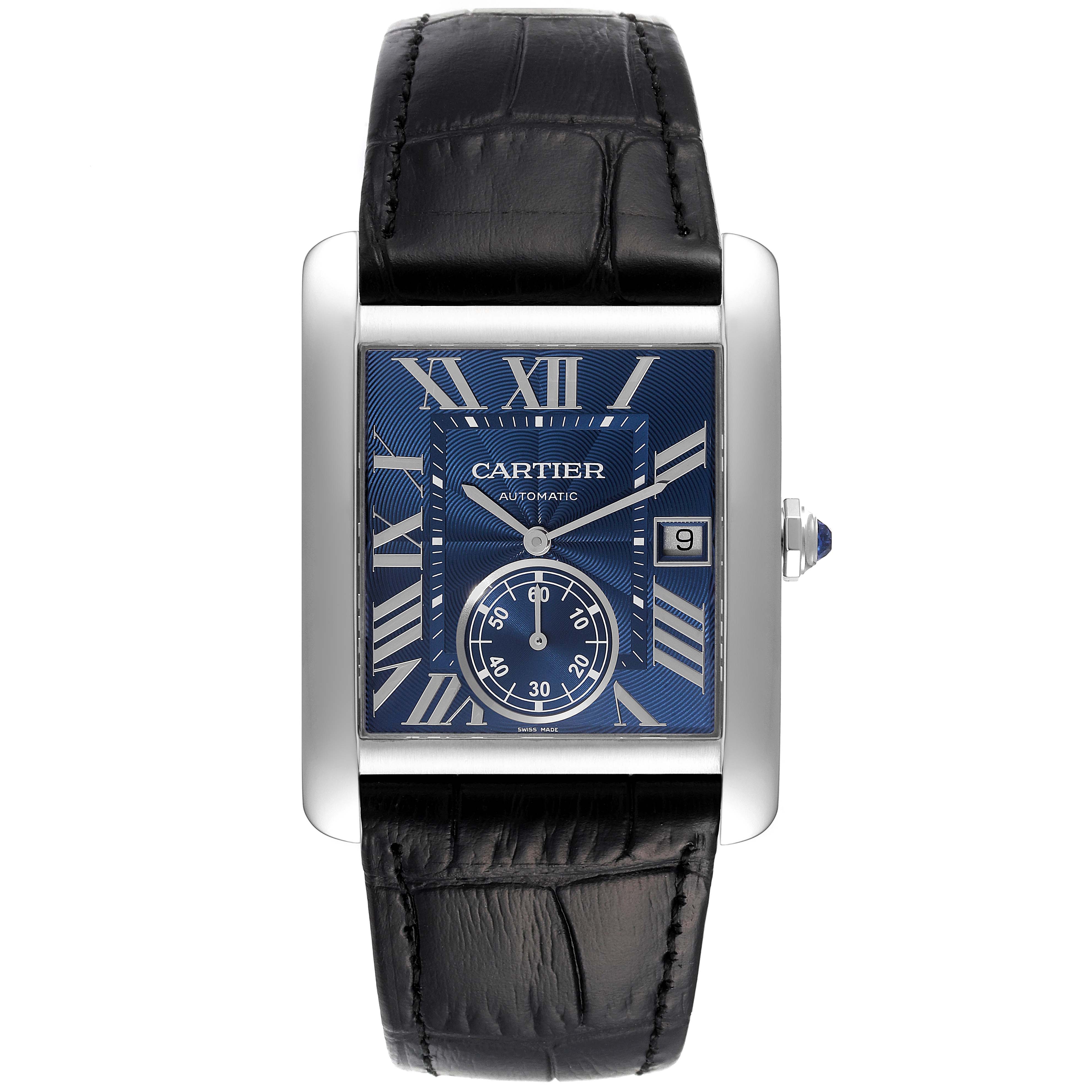 The image shows a Cartier Tank MC WSTA0010 Men
s Stainless Steel Blue Dial WSTA0010 Men
s Stainless Steel Blue Dial watch from the front, featuring a blue dial, Roman numerals, date window, and black leather strap.