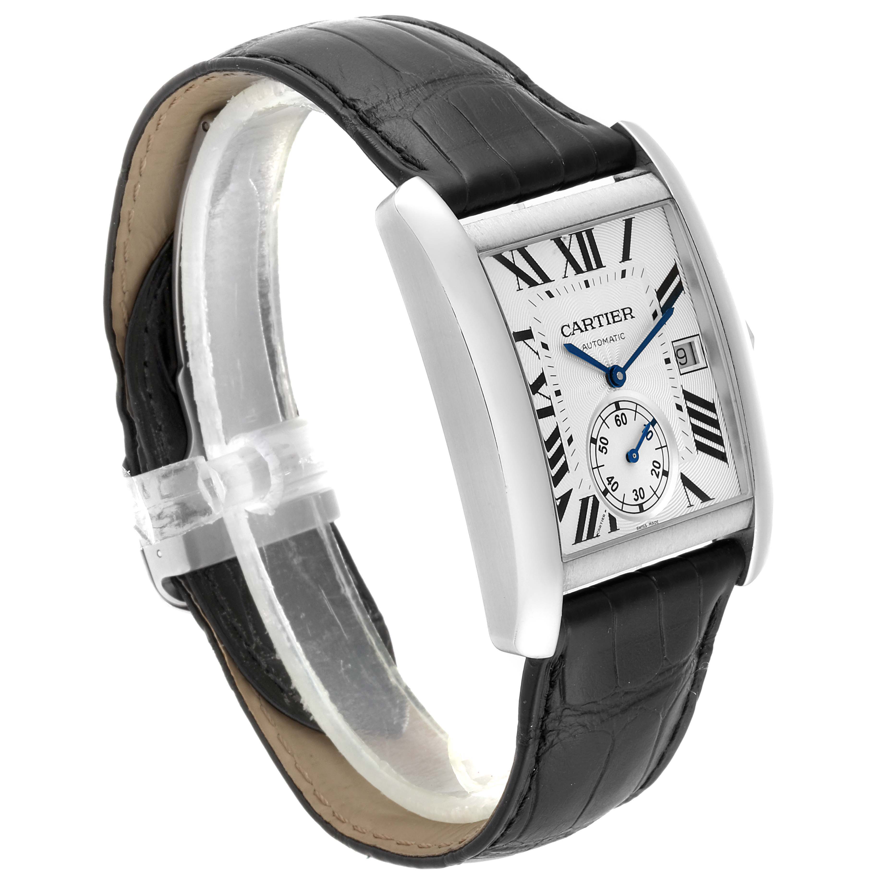 This Cartier Tank MC W5330003 Men's Stainless Steel Silver Dial W5330003 Men's Stainless Steel Silver Dial watch is shown at an angle highlighting its face, black leather strap, and silver rectangular case.