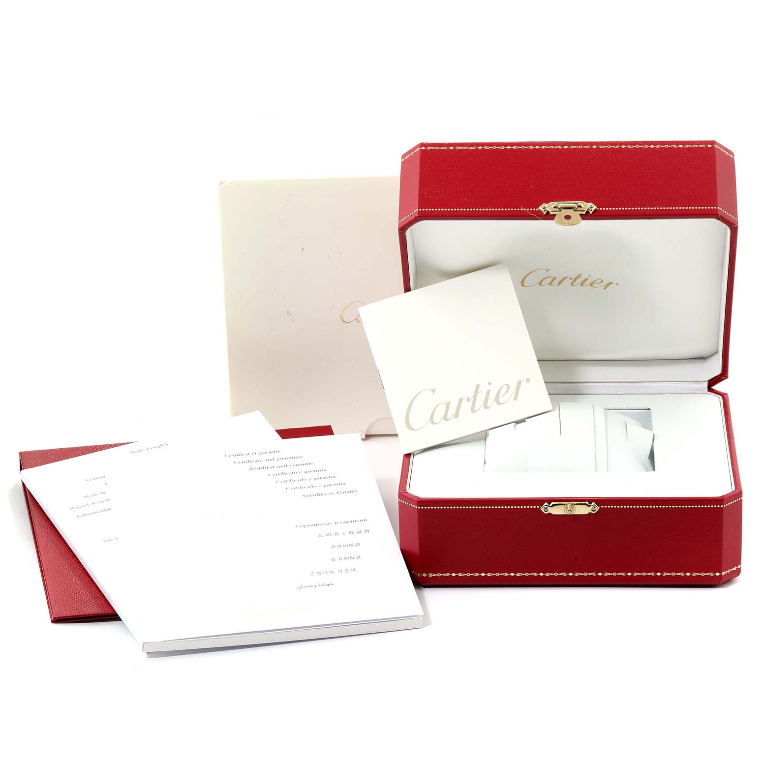 This image shows the Cartier Tank MC W5330003 Men's Stainless Steel Silver Dial W5330003 Men's Stainless Steel Silver Dial watch packaging, including the red and white box and accompanying documents.