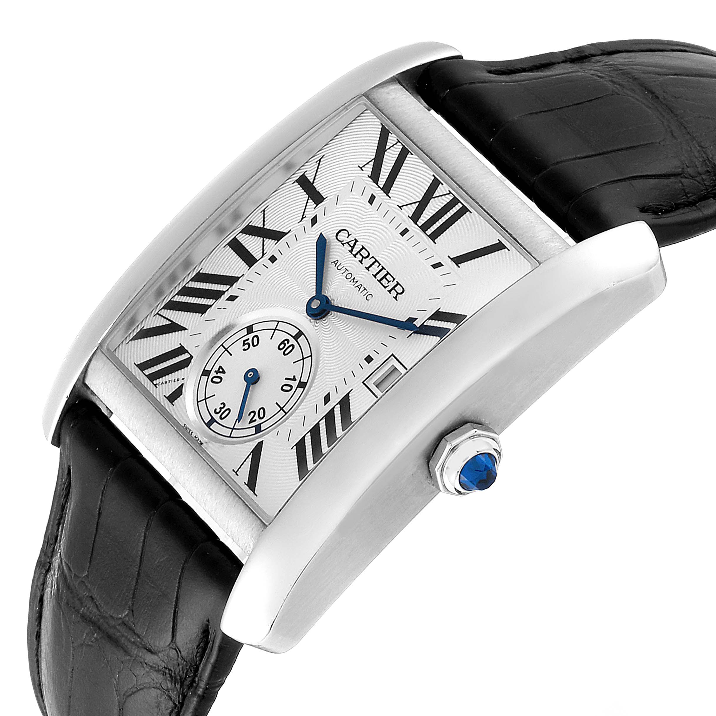 The Cartier Tank MC W5330003 Men's Stainless Steel Silver Dial W5330003 Men's Stainless Steel Silver Dial watch is shown at an angled view, highlighting its face, Roman numerals, and part of the leather strap.