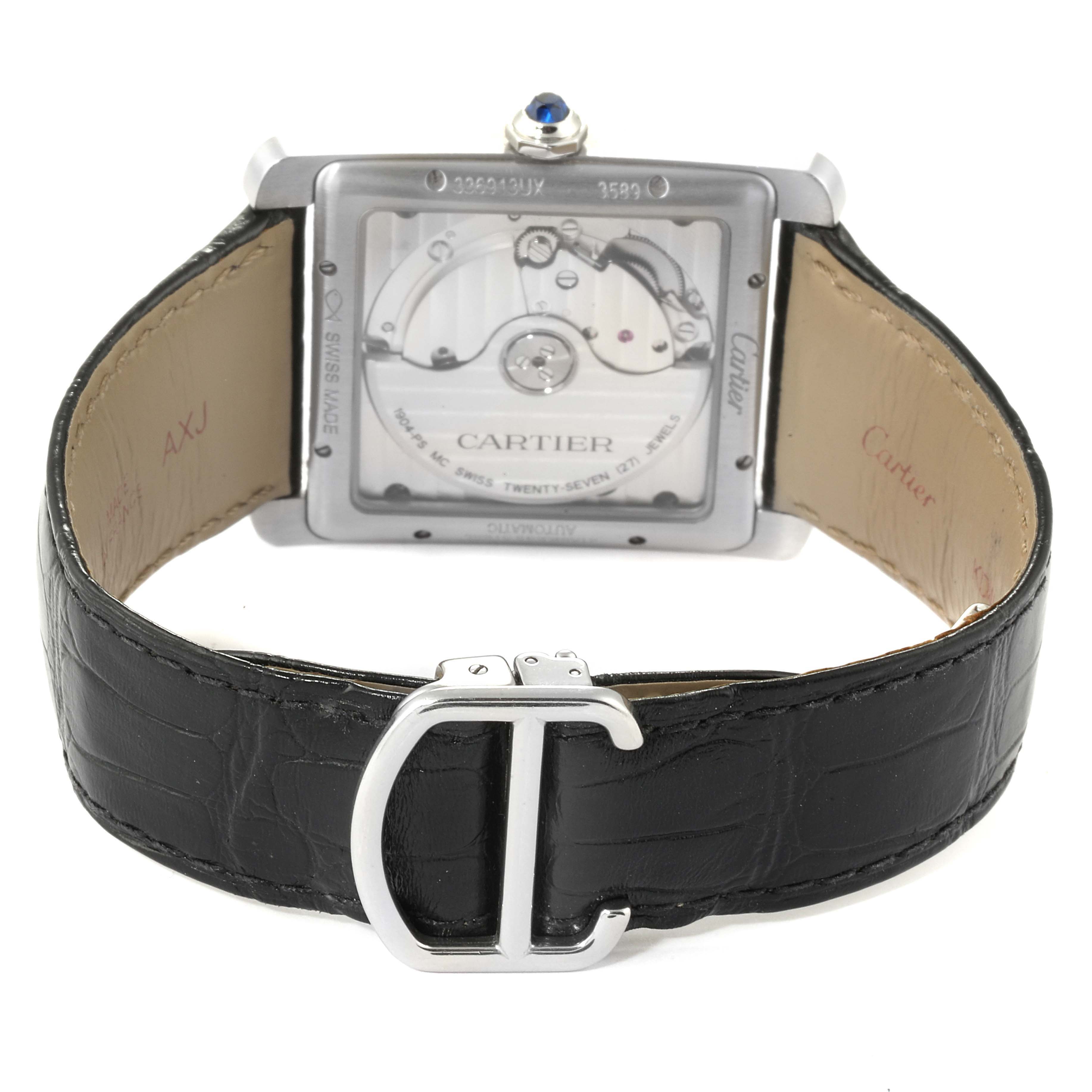 This image shows the back view of a Cartier Tank MC W5330003 Men's Stainless Steel Silver Dial W5330003 Men's Stainless Steel Silver Dial watch, highlighting its transparent case back, mechanical parts, and leather strap.