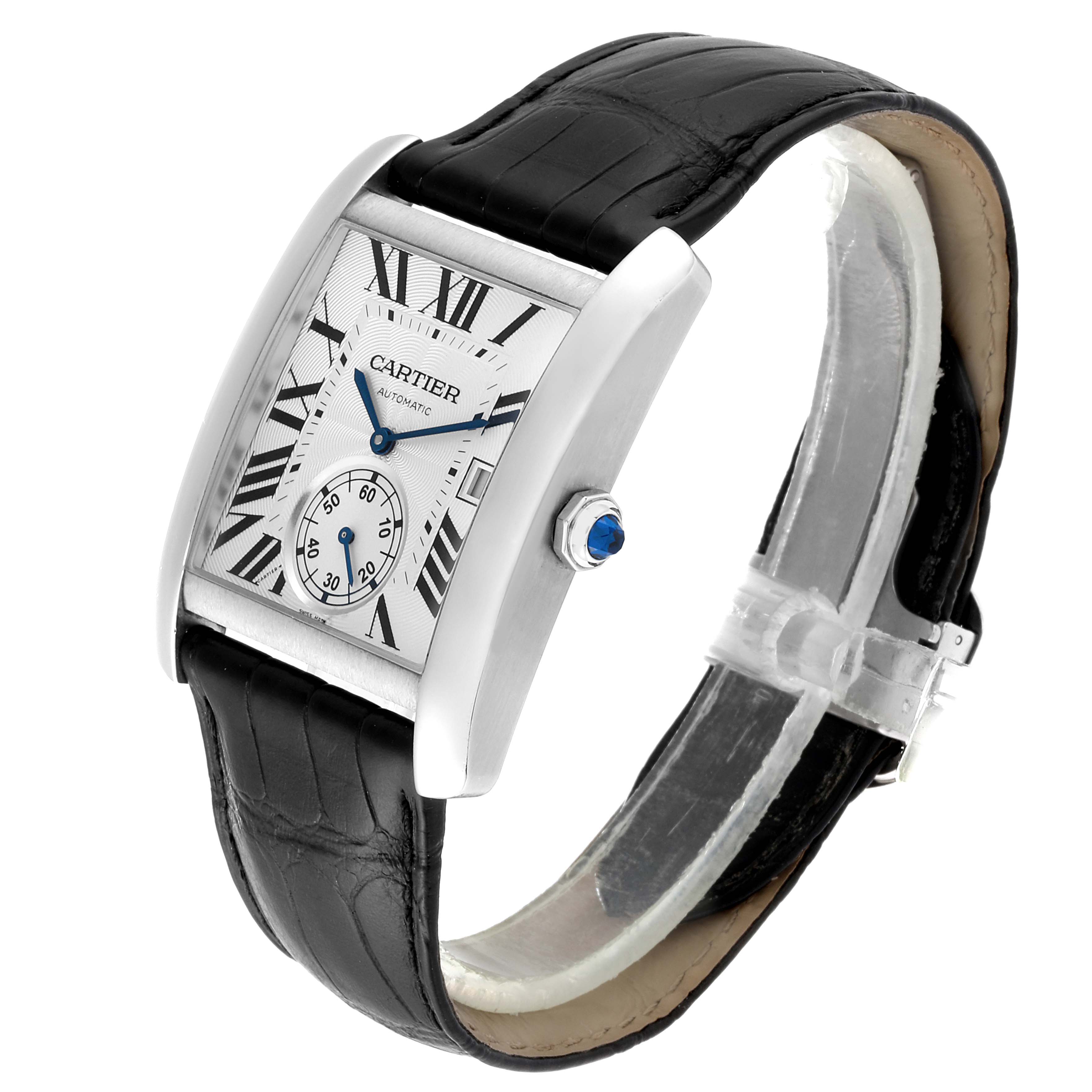 The image shows a Cartier Tank MC W5330003 Men's Stainless Steel Silver Dial W5330003 Men's Stainless Steel Silver Dial watch from a three-quarter view highlighting the watch face, black leather strap, and crown.