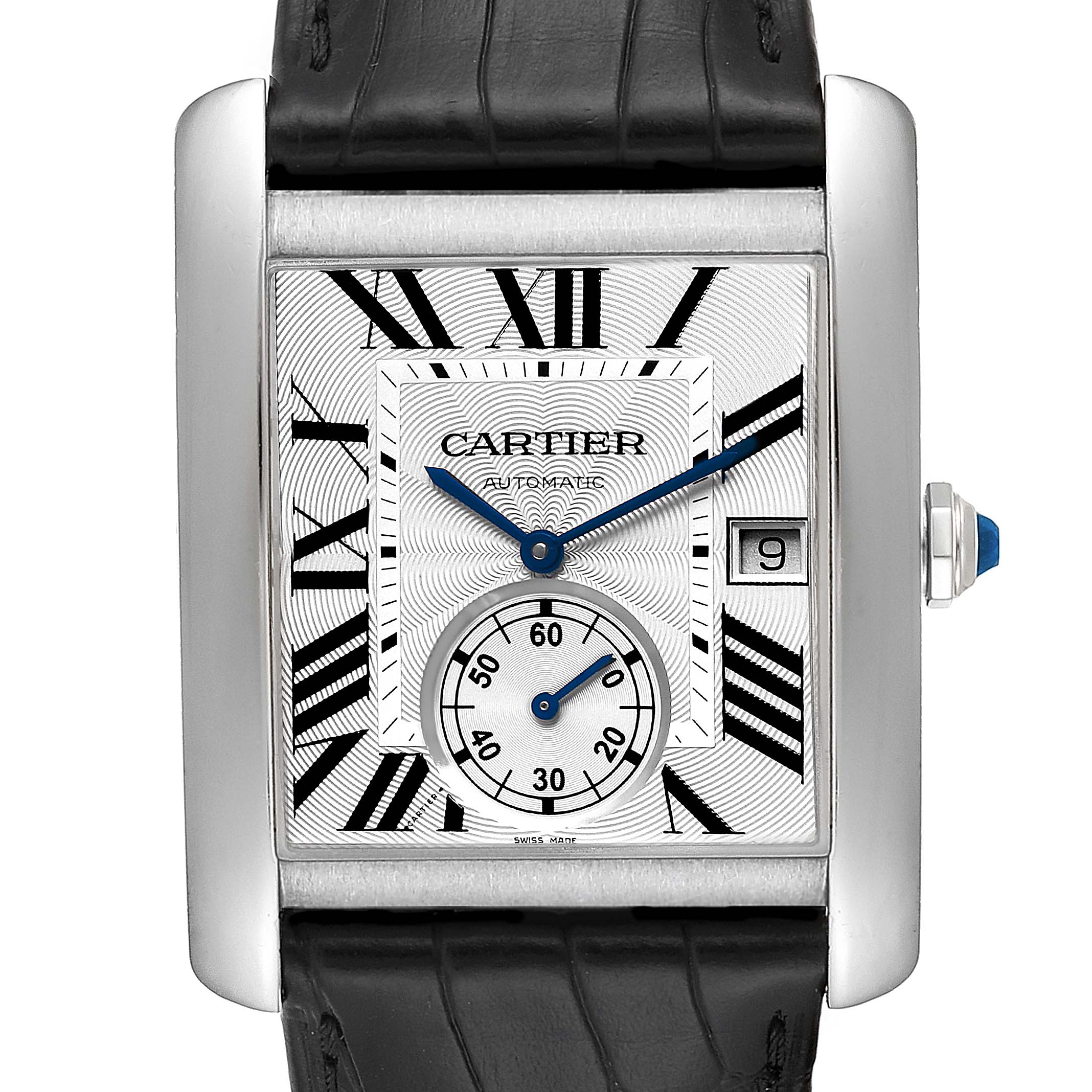 This image shows a front view of a Cartier Tank MC W5330003 Men's Stainless Steel Silver Dial W5330003 Men's Stainless Steel Silver Dial model watch, highlighting the face, hands, and date display.