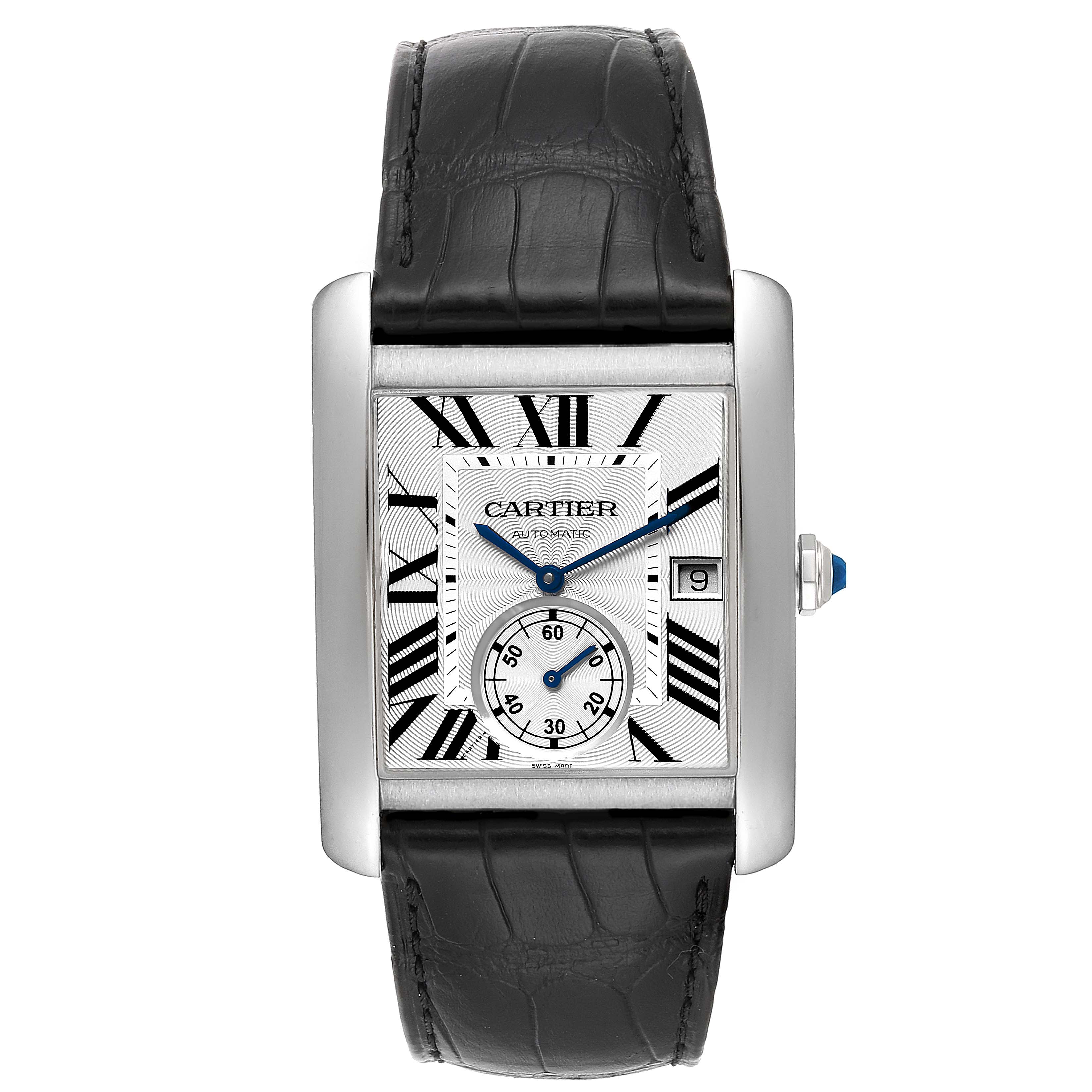 This image shows a frontal view of the Cartier Tank MC W5330003 Men's Stainless Steel Silver Dial W5330003 Men's Stainless Steel Silver Dial watch, including the dial, hands, date window, and leather strap.