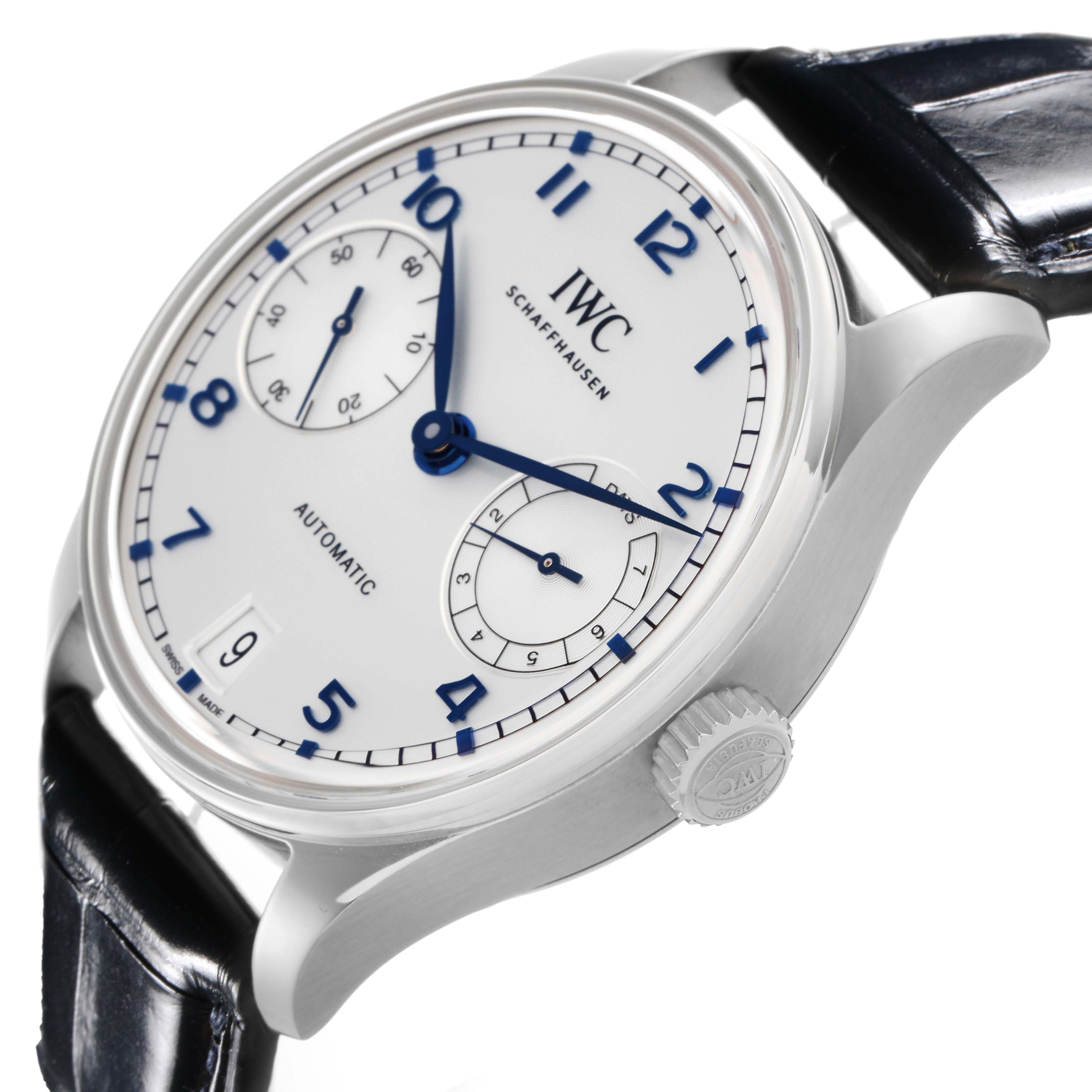The IWC Portuguese IW501702 Men
s Stainless Steel Silver Dial IW501702 Men
s Stainless Steel Silver Dial watch is shown at a side angle, highlighting the dial, crown, and leather strap.