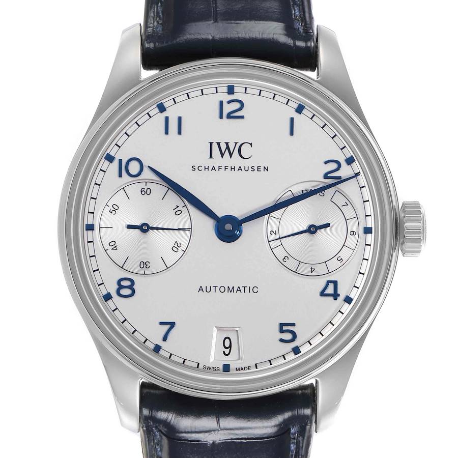The IWC Portuguese model watch is shown from the front, highlighting its dial, subdials, and crown.