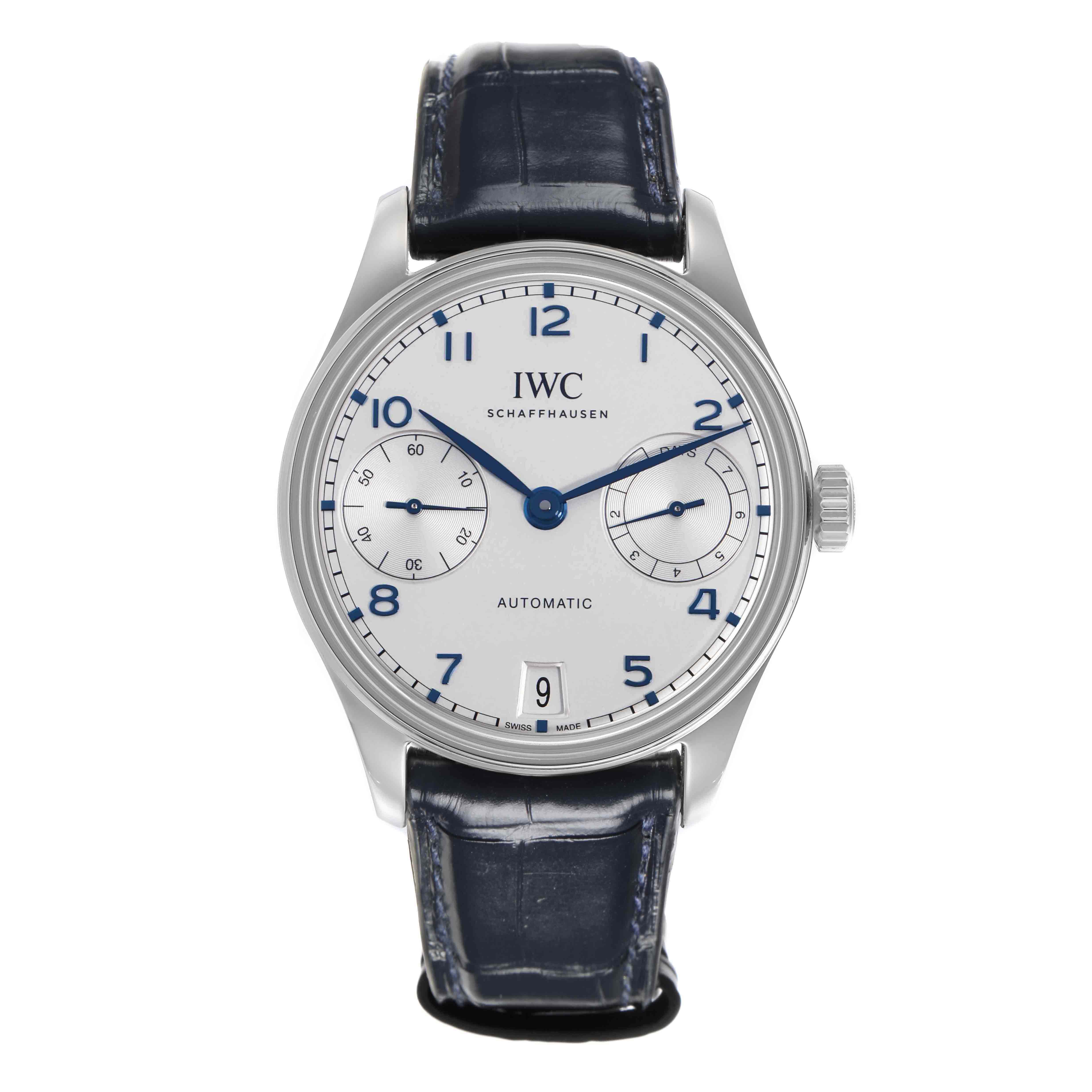 The IWC Portuguese IW501702 Men
s Stainless Steel Silver Dial IW501702 Men
s Stainless Steel Silver Dial watch is shown from a front angle, displaying the dial, numerals, subdials, and leather strap.