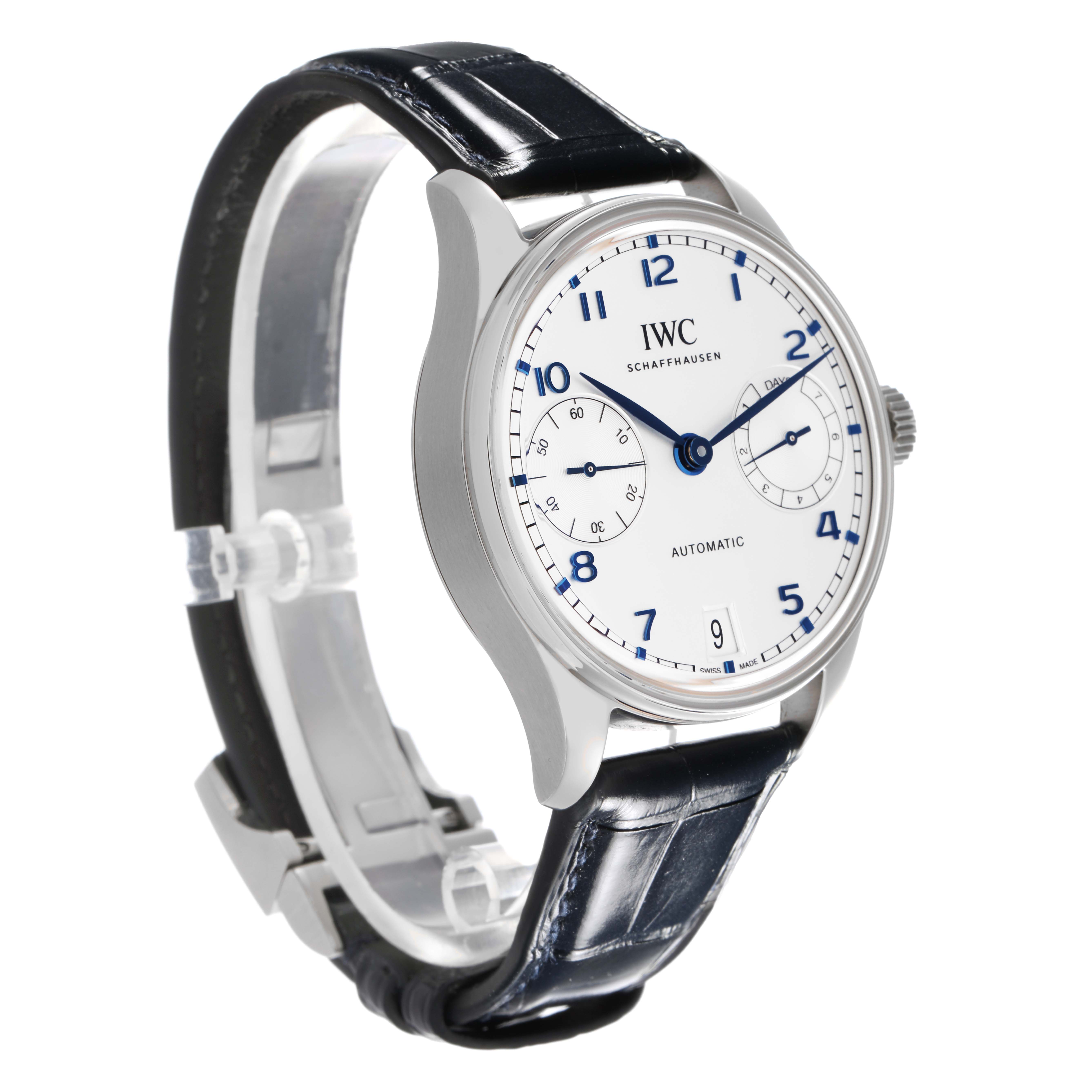 The IWC Portuguese IW501702 Men
s Stainless Steel Silver Dial IW501702 Men
s Stainless Steel Silver Dial watch is shown at a three-quarter angle highlighting the face, strap, and crown.