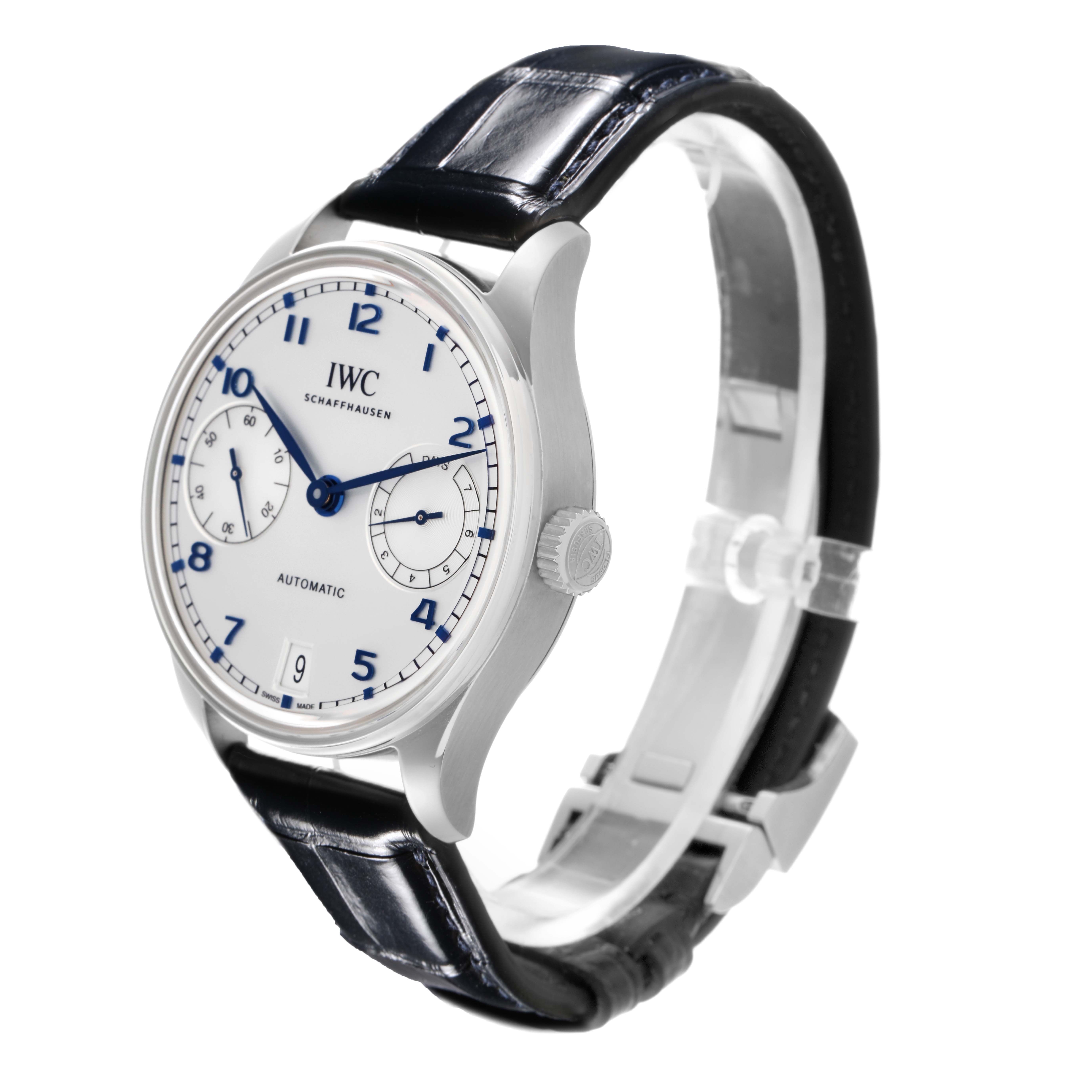 The IWC Portuguese IW501702 Men
s Stainless Steel Silver Dial IW501702 Men
s Stainless Steel Silver Dial watch is shown at a three-quarter angle, displaying its face, crown, and leather strap.