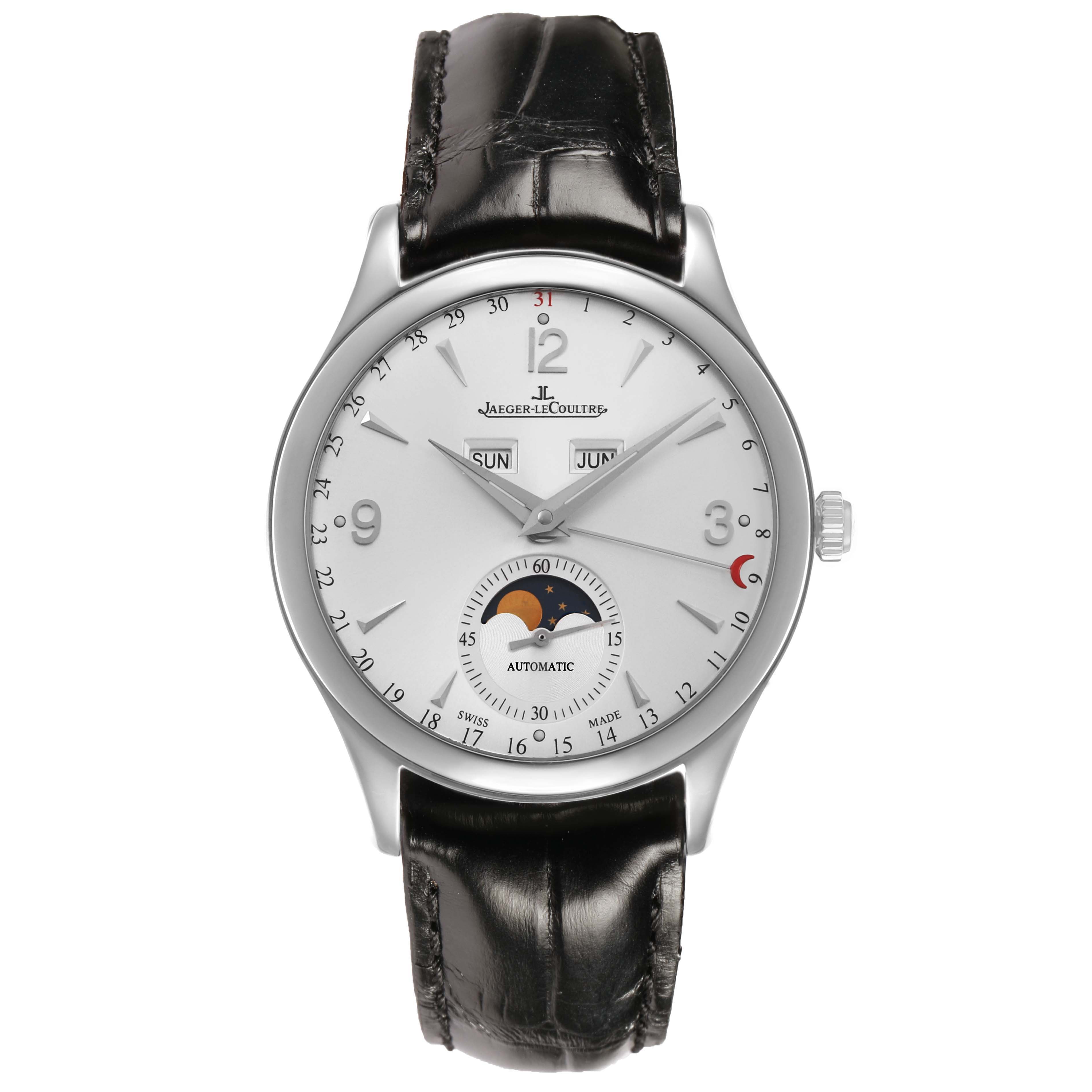 This Jaeger-LeCoultre Master watch is shown from the front, displaying the dial, hands, date, day, month, and moon phase.
