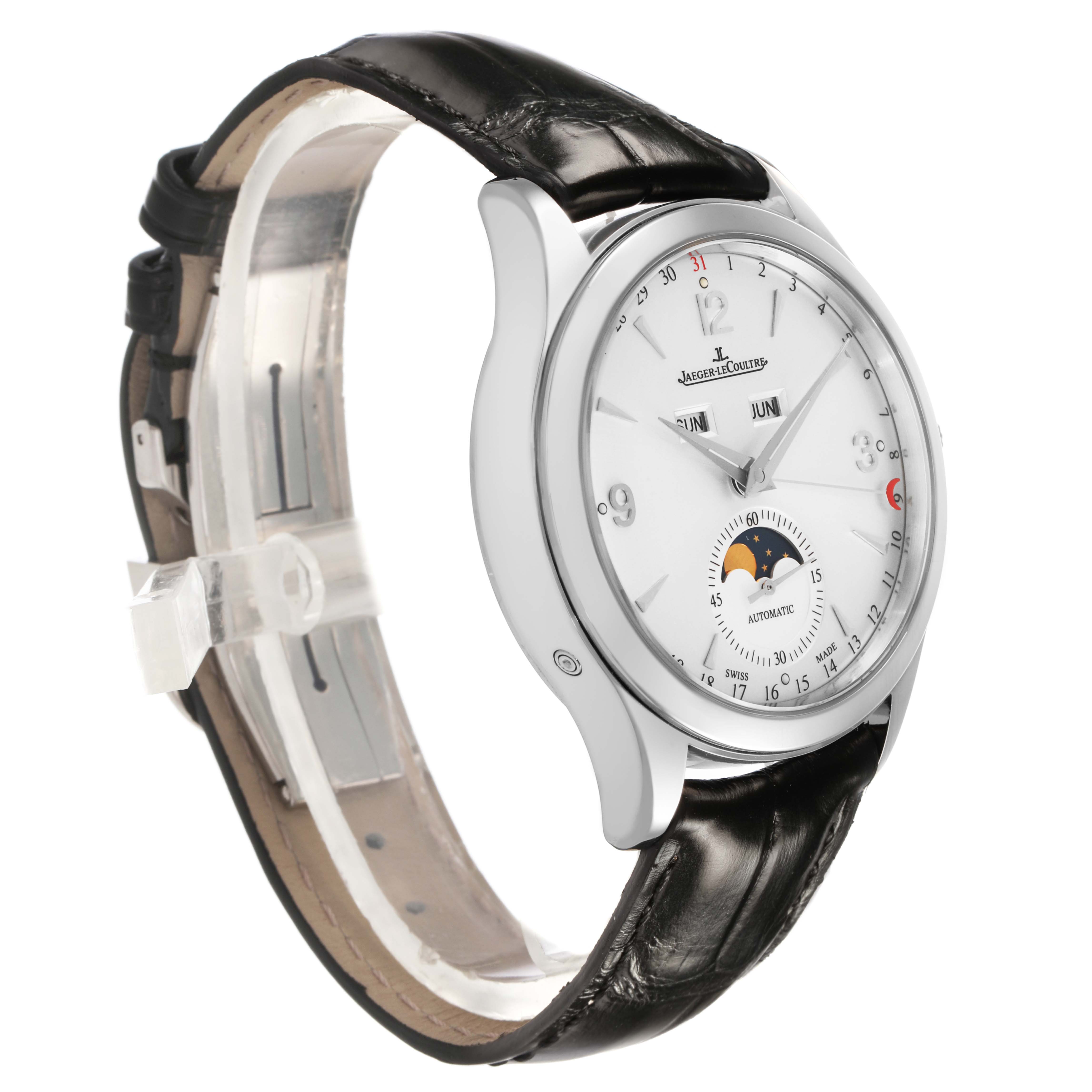 The Jaeger LeCoultre Master Q1558420 / 176.8.12.S Men's Stainless Steel Silver Dial watch is shown at a three-quarter angle with a visible case, dial, and leather strap.