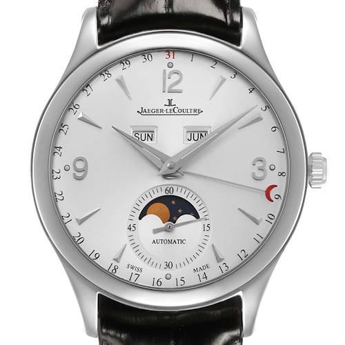 The Jaeger-LeCoultre Master watch is shown from the front, displaying the dial with calendar and moon phase features.