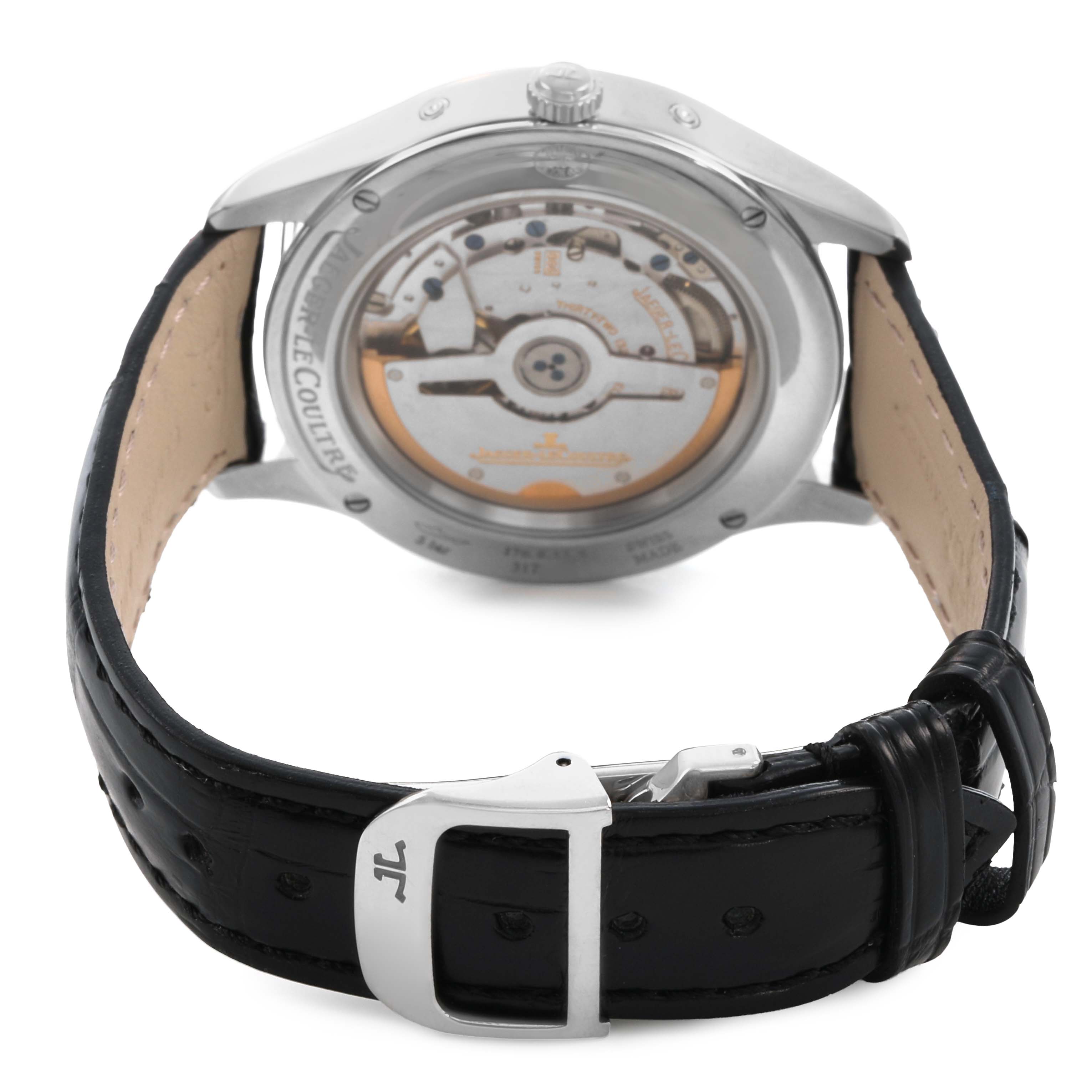 The Jaeger LeCoultre Master Q1558420 / 176.8.12.S Men's Stainless Steel Silver Dial watch is photographed from the back, showing the movement and leather strap with a deployment clasp.