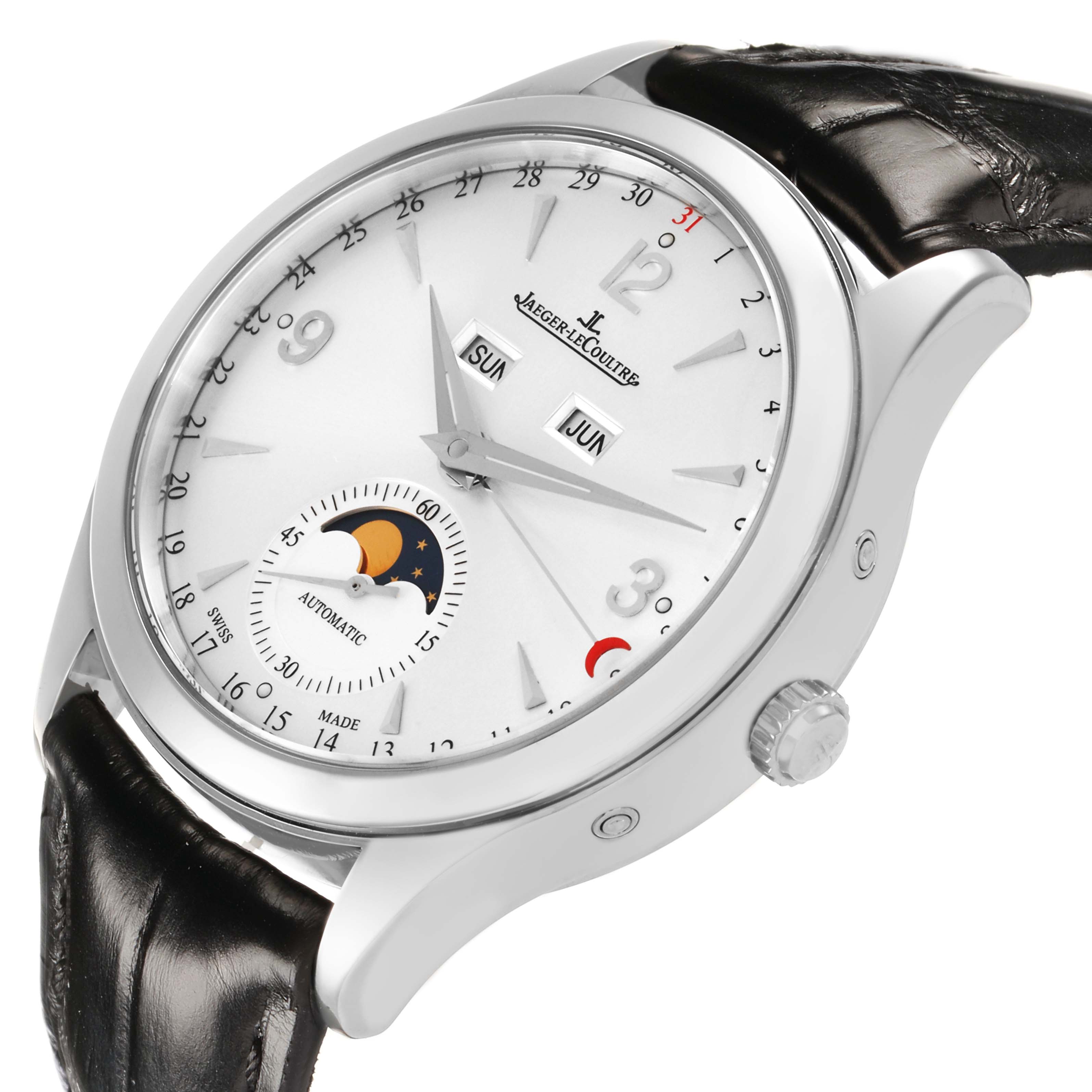 The Jaeger-LeCoultre Master watch is shown at an angle, displaying the dial, case, crown, and strap.
