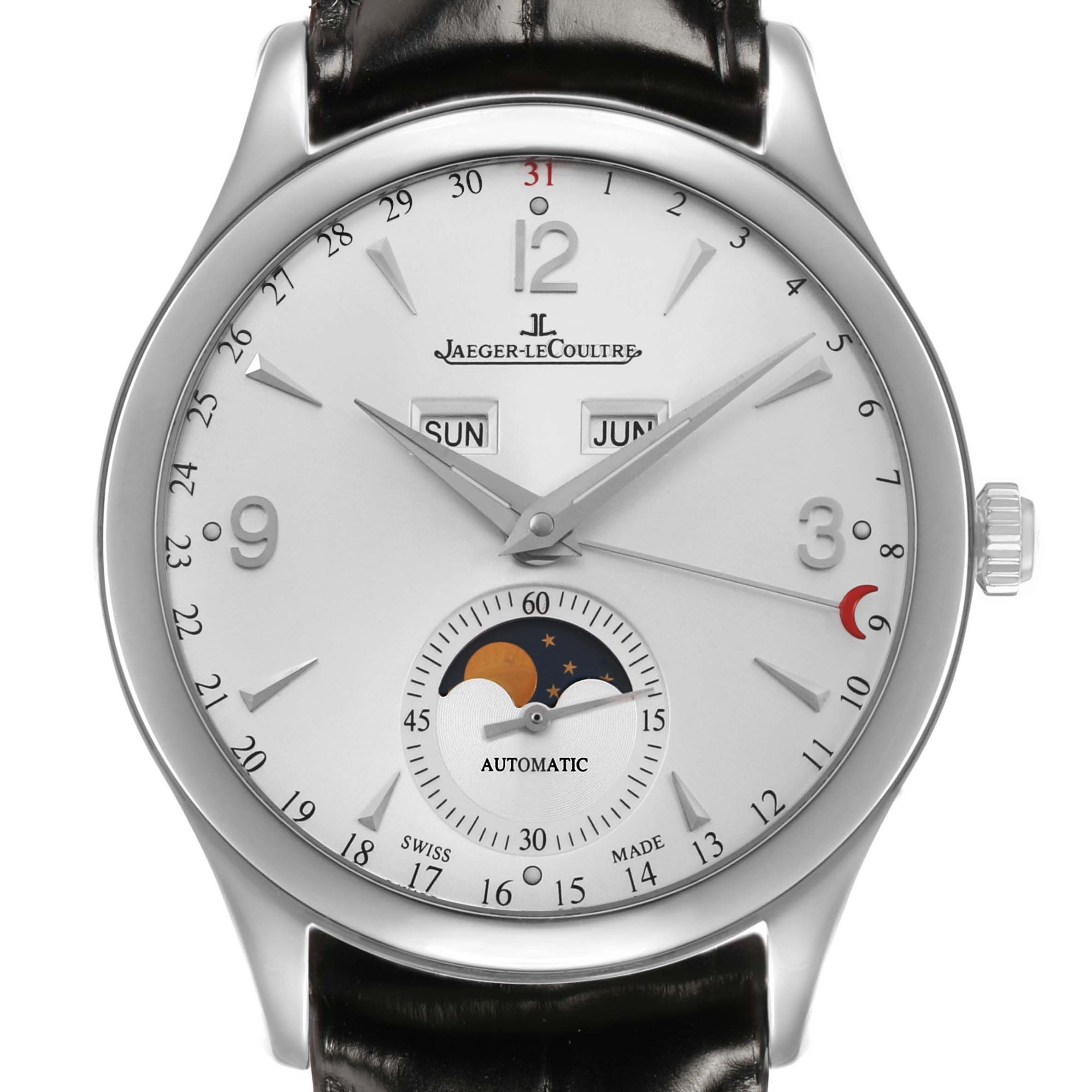 The Jaeger-LeCoultre Master model watch is shown from the front, highlighting its silver dial, moon phase, day, and month indicators.