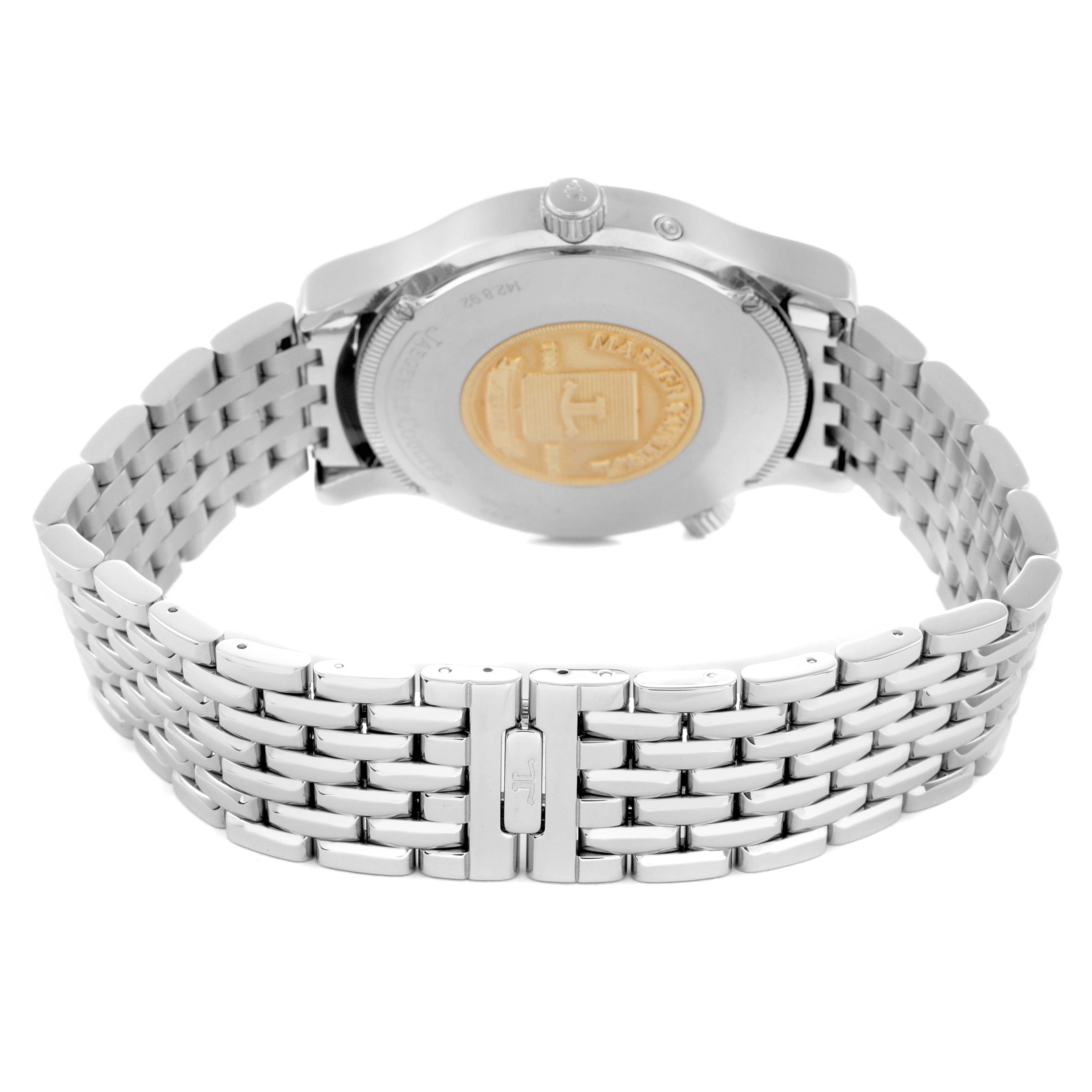 The image shows the back view of a Jaeger LeCoultre Master Q1428120 Men's Stainless Steel Silver Dial watch, highlighting the case back and stainless steel bracelet.