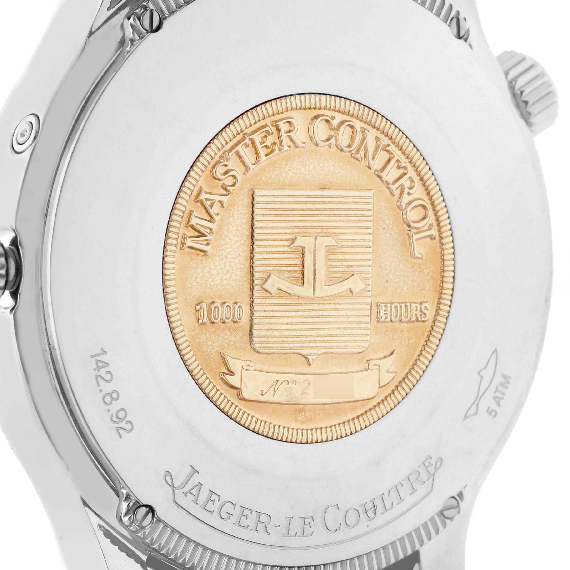 The image shows the back of a Jaeger-LeCoultre Master model watch, highlighting the engraved medallion and branding.