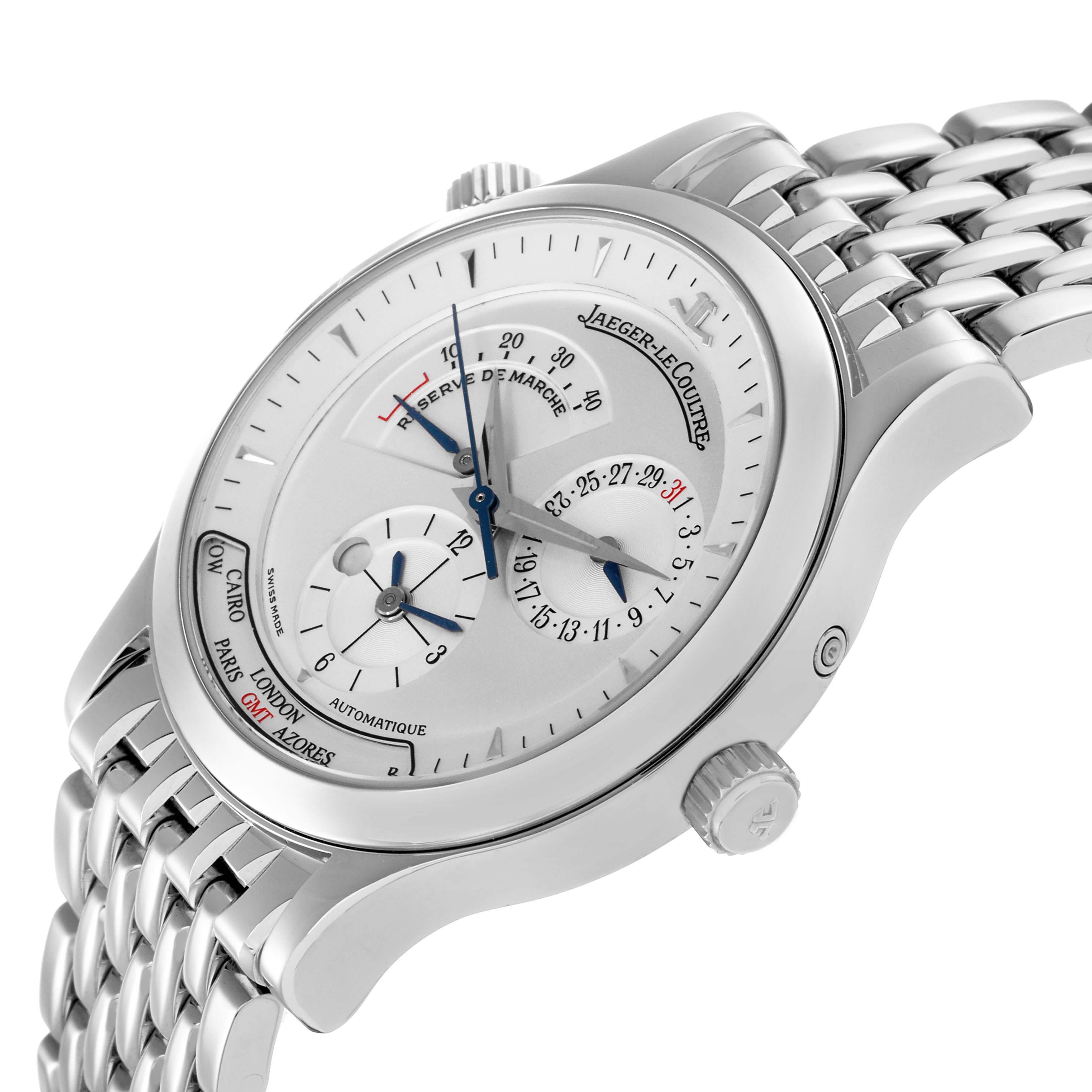 The Jaeger LeCoultre Master Q1428120 Men's Stainless Steel Silver Dial watch is shown at a tilted angle highlighting the dial, crown, bezel, and part of the bracelet.