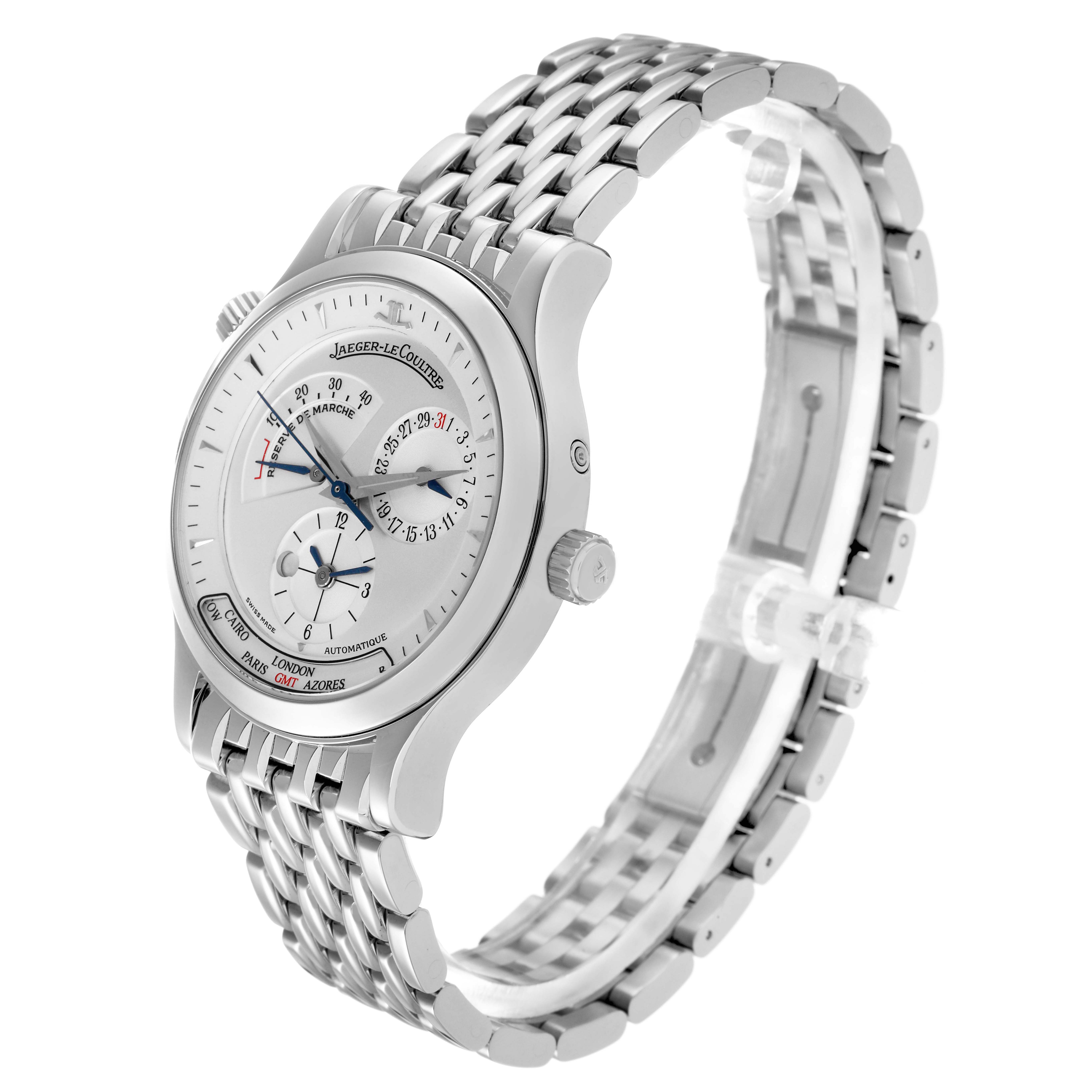 The Jaeger LeCoultre Master Q1428120 Men's Stainless Steel Silver Dial watch is shown at an angled side profile, highlighting its dial, bezel, crown, and steel bracelet.