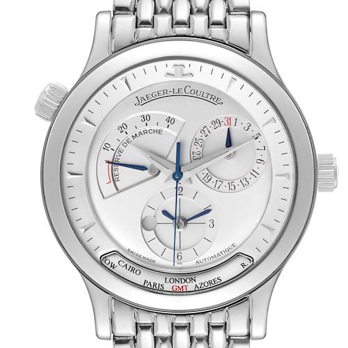 The image shows the face and bezel of the Jaeger LeCoultre Master Q1428120 Men's Stainless Steel Silver Dial watch, highlighting the dials and logo.