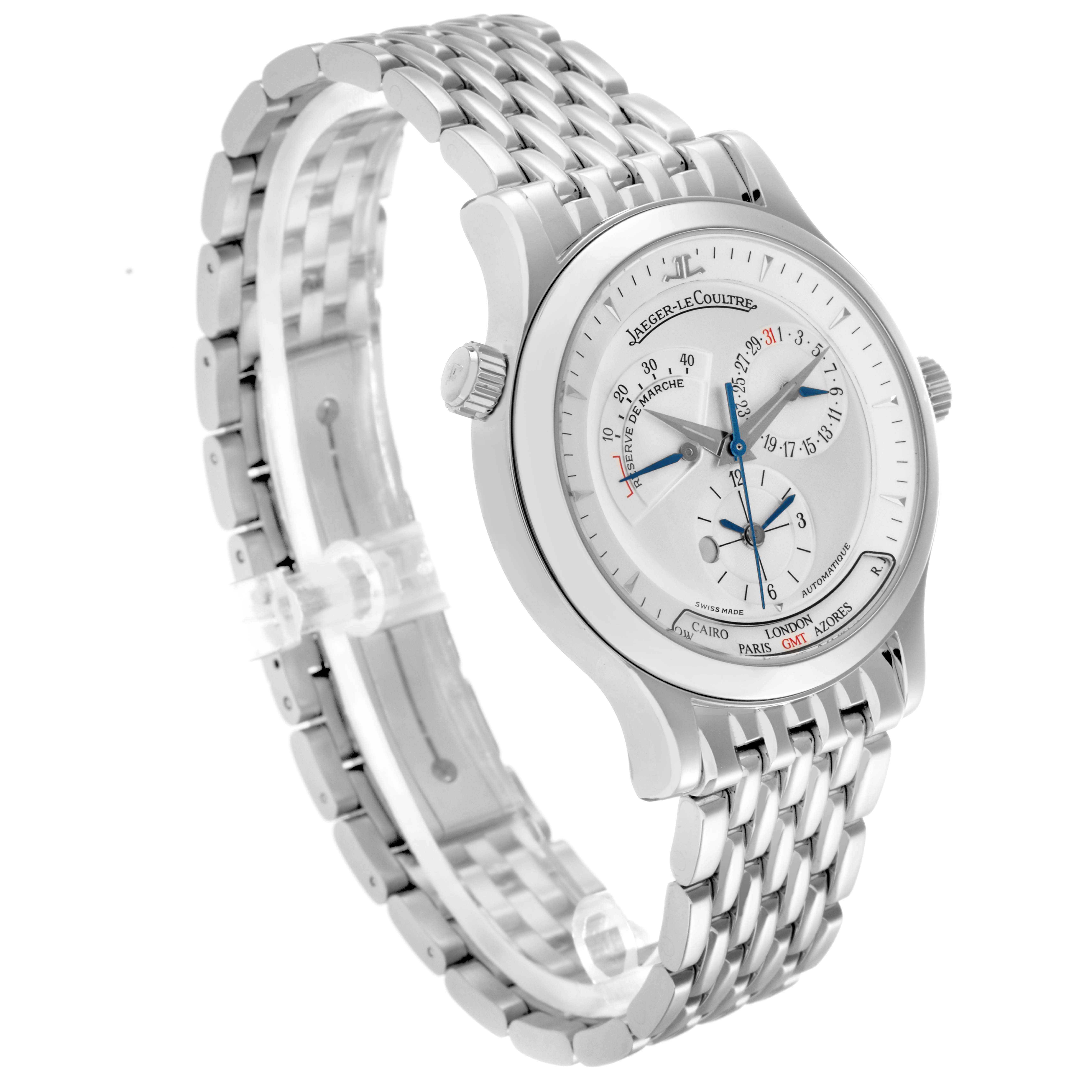 The Jaeger LeCoultre Master Q1428120 Men's Stainless Steel Silver Dial model watch is shown from an angled side view, highlighting the dial, case, crown, and bracelet.