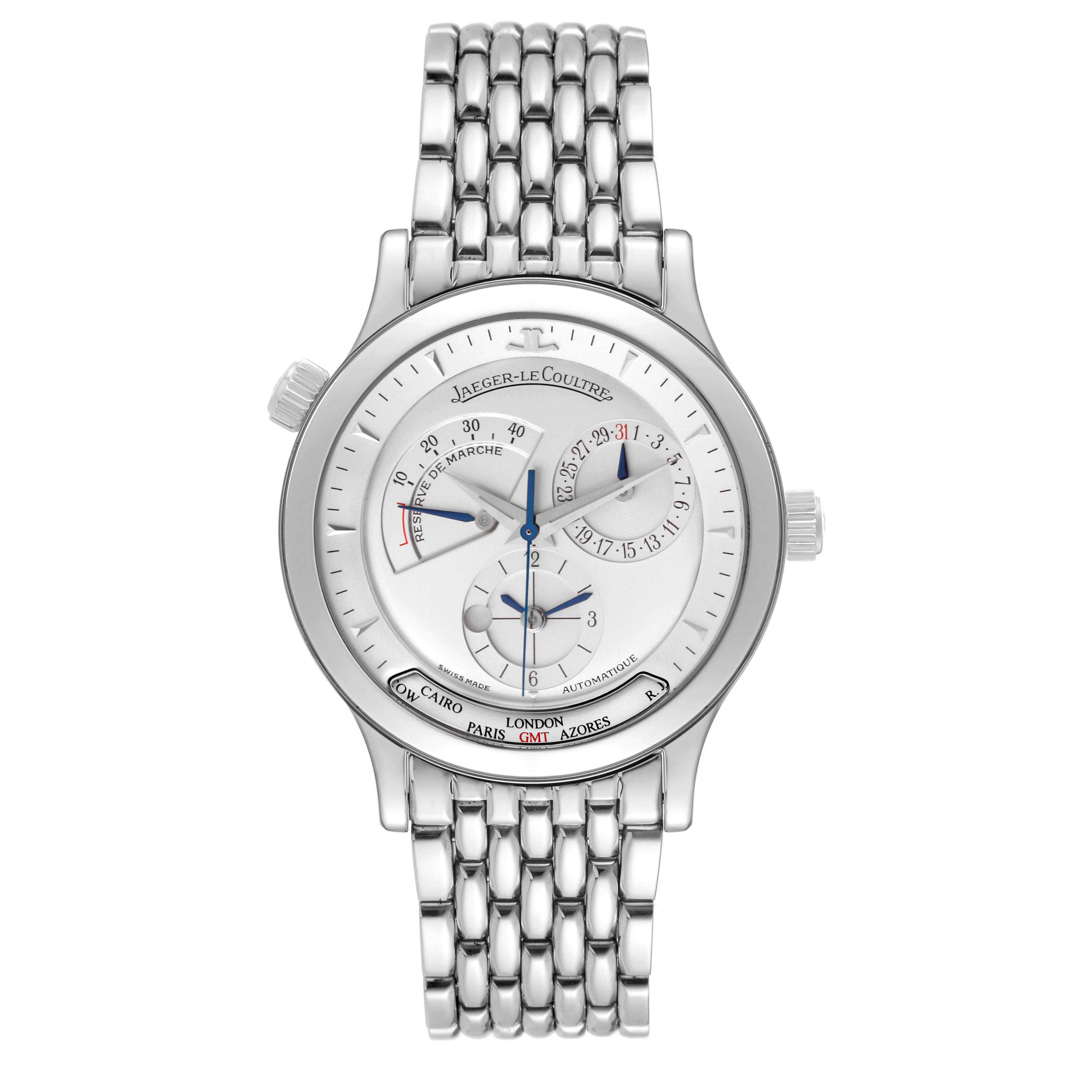 The Jaeger LeCoultre Master Q1428120 Men's Stainless Steel Silver Dial watch is shown from the front, displaying its face, subdials, and metal bracelet.