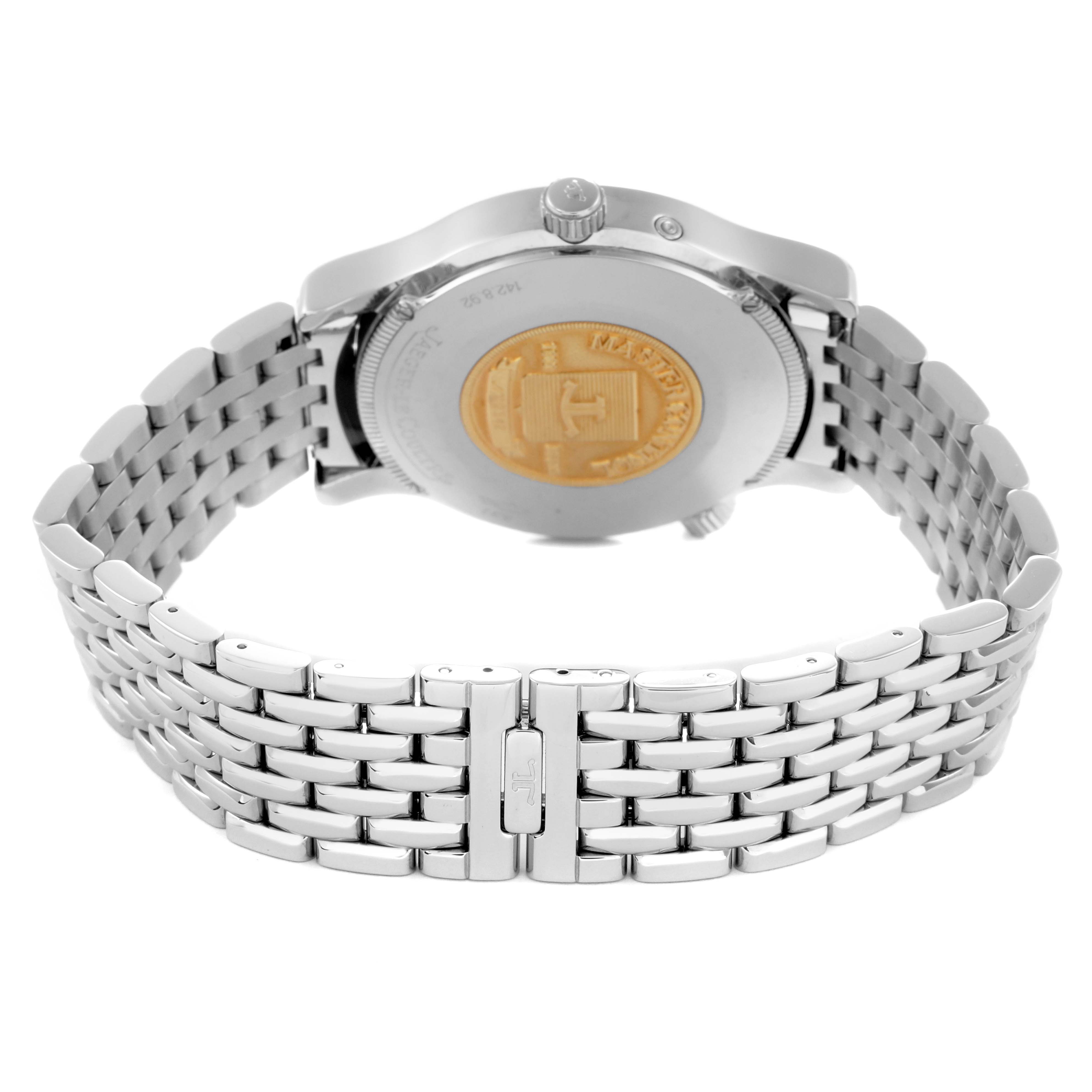 The image shows the back of a Jaeger-LeCoultre Master model, including its bracelet and case back.