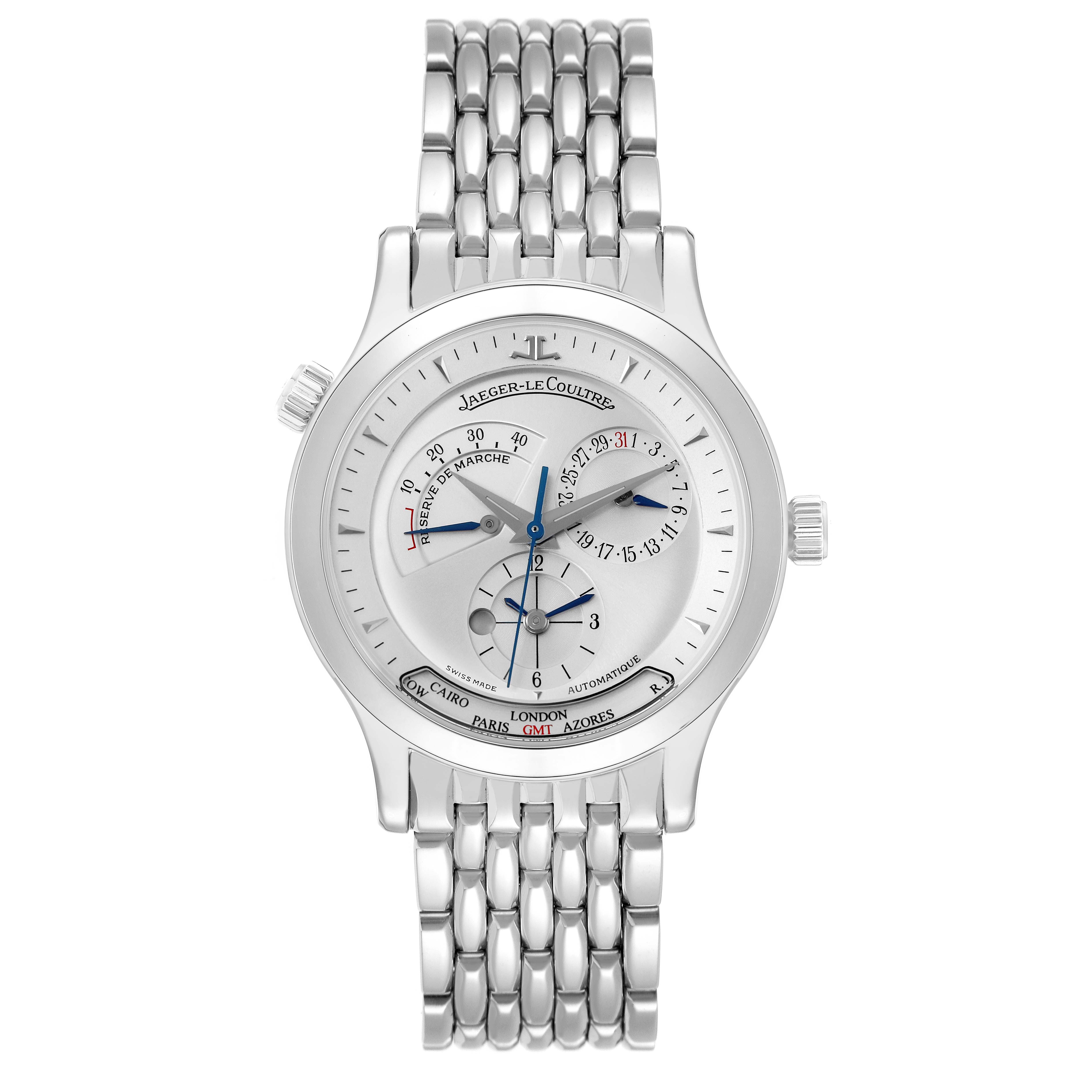 The Jaeger-LeCoultre Master watch is shown from a front angle, displaying its dial, crown, and metal bracelet.