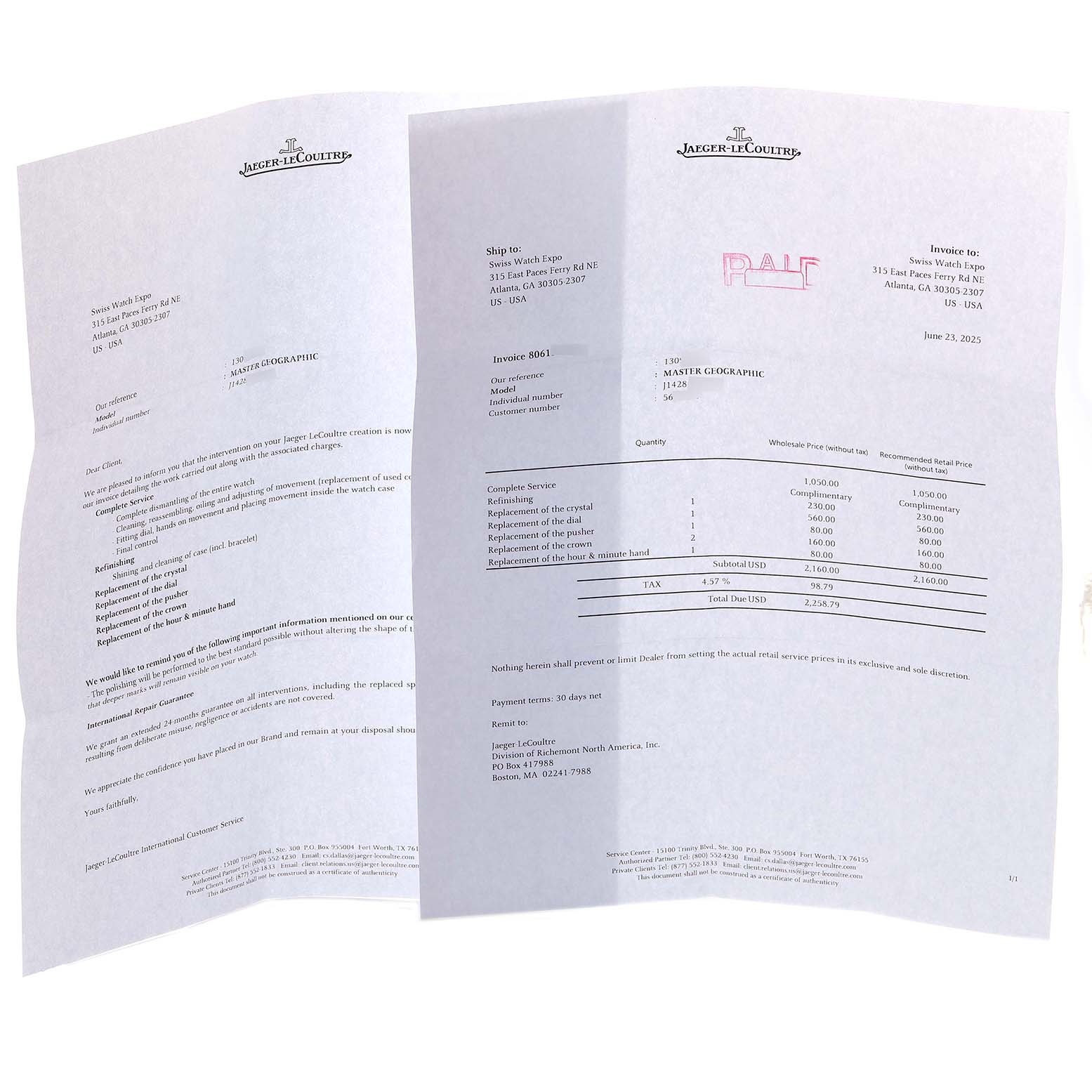 This image shows two pages of documentation for the Jaeger LeCoultre Master Q1428120 Men's Stainless Steel Silver Dial Q1428120 Men's Stainless Steel Silver Dial Geographic, not the watch or accessories.
