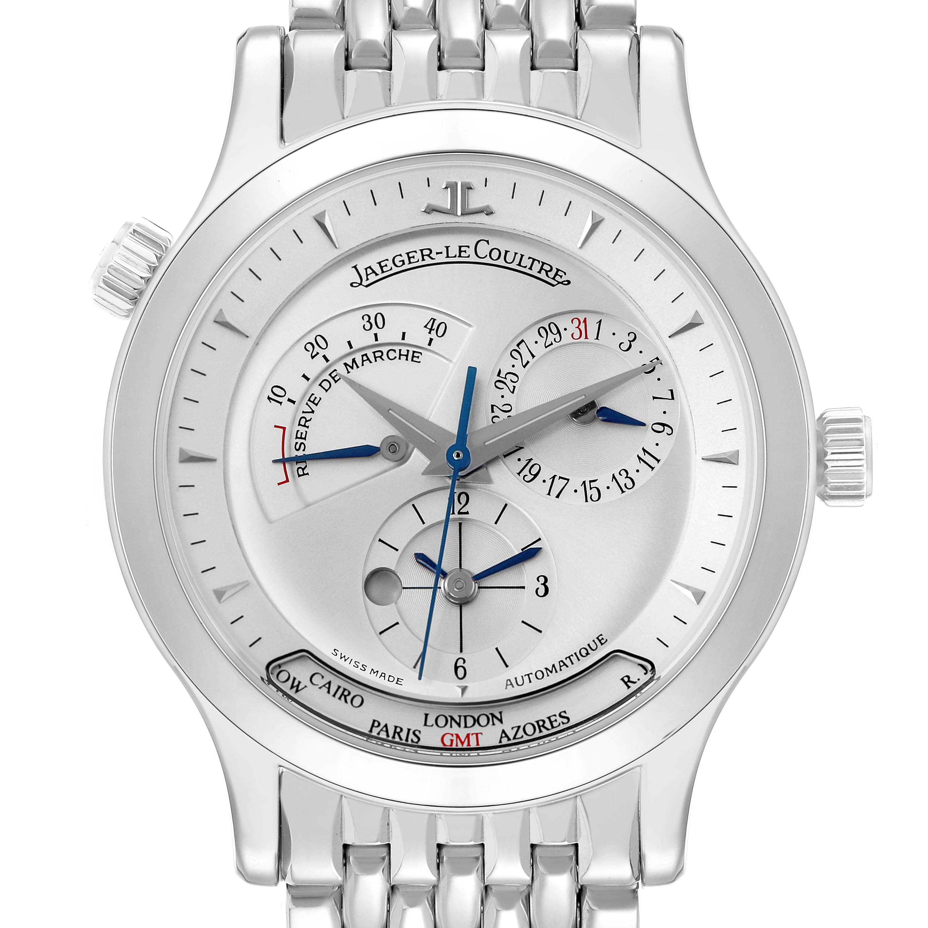 The Jaeger-LeCoultre Master watch is shown from the front, displaying its dial, hands, subdials, and bezel details.