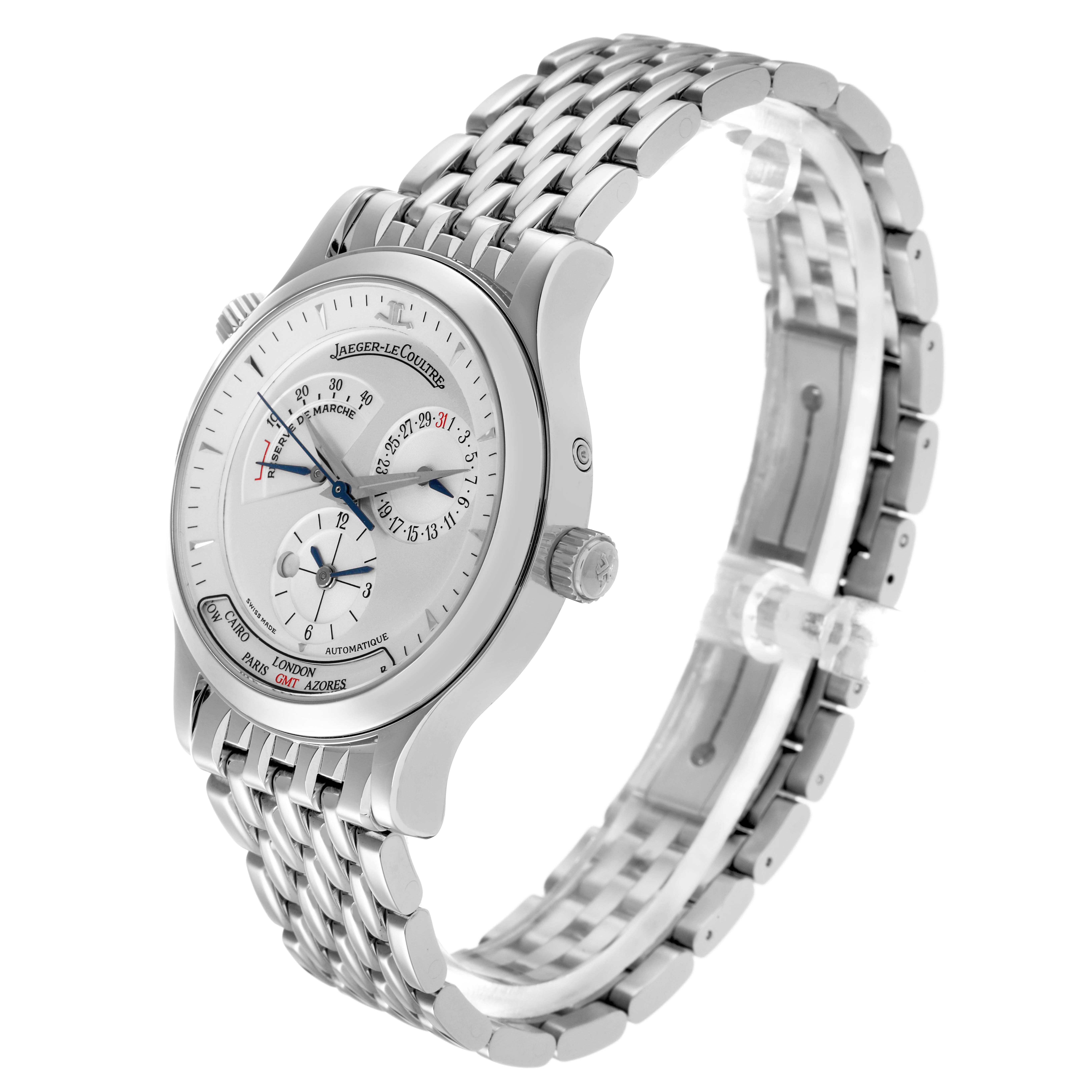 The Jaeger LeCoultre Master Q1428120 Men's Stainless Steel Silver Dial Q1428120 Men's Stainless Steel Silver Dial watch is shown at a three-quarter angle, displaying the face, bezel, crown, and bracelet.