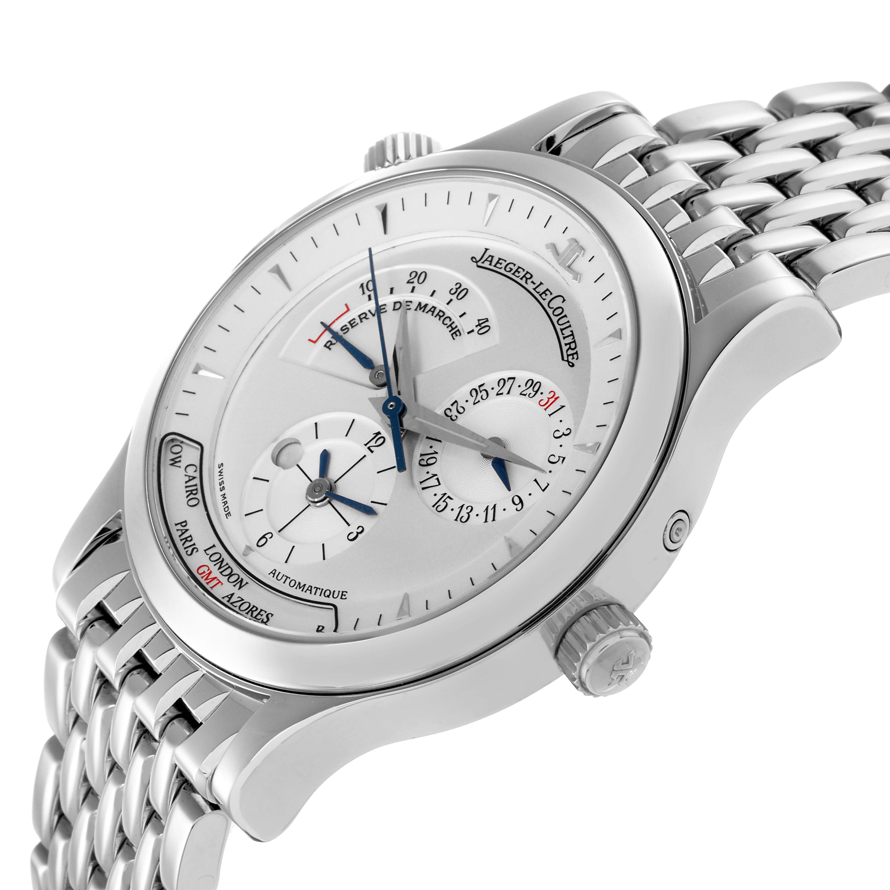 The Jaeger-LeCoultre Master watch is shown at an angled side view, displaying the dial, crown, and metal bracelet.