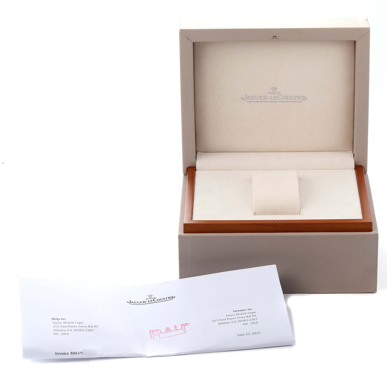 The image shows a Jaeger-LeCoultre Master model watch box open with an invoice placed in front.