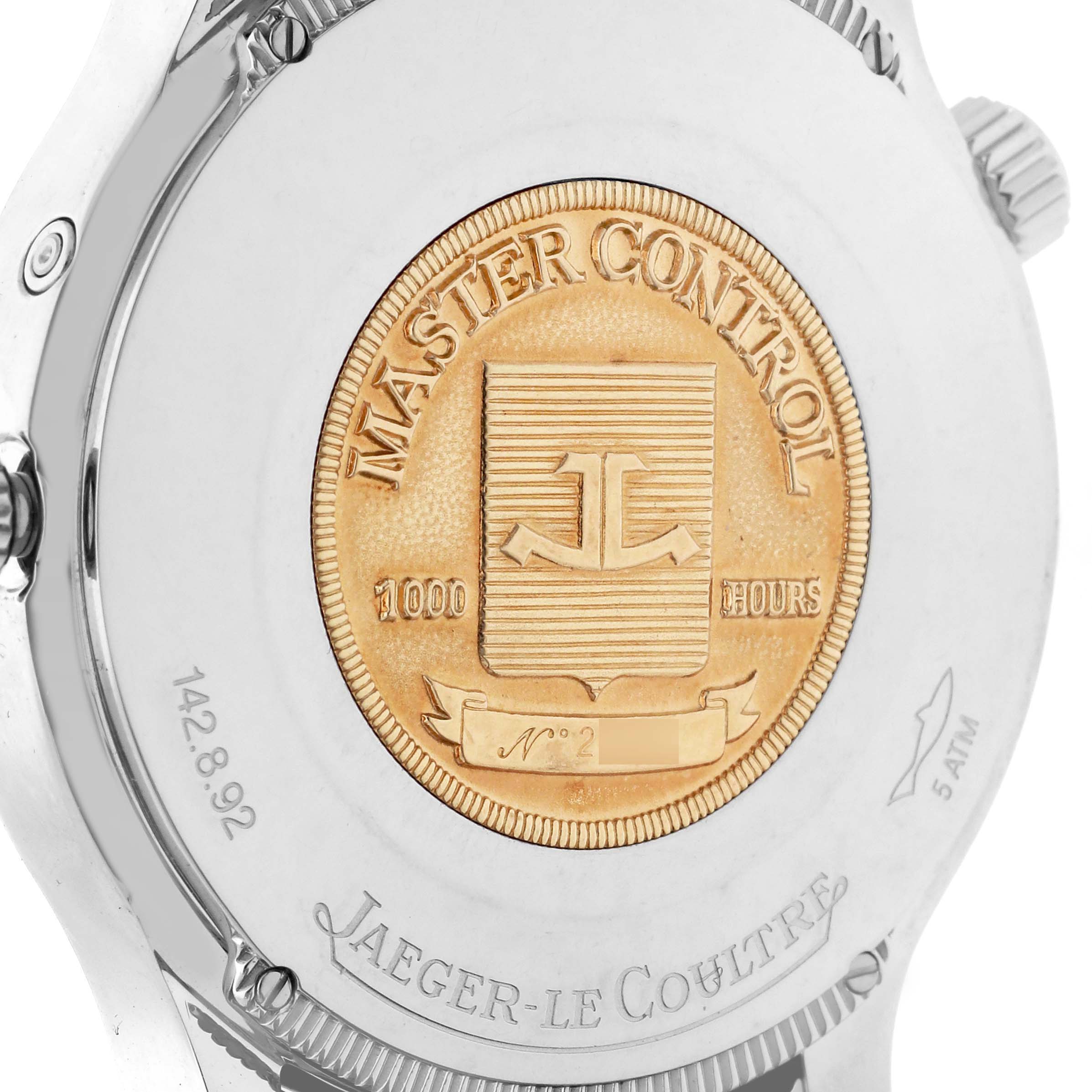 The image shows the back case of a Jaeger LeCoultre Master Q1428120 Men's Stainless Steel Silver Dial Q1428120 Men's Stainless Steel Silver Dial watch, featuring the "Master Control" emblem.