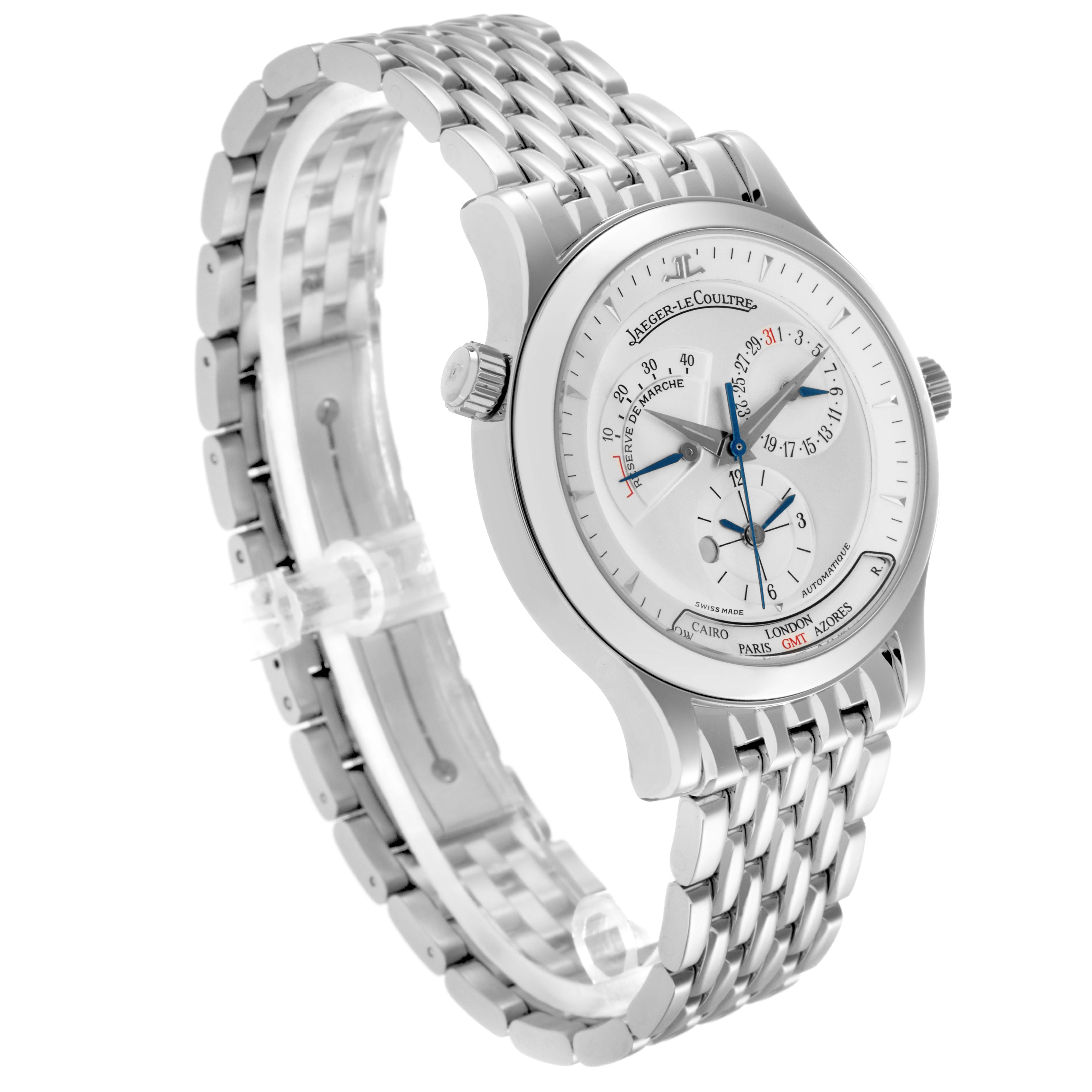 The Jaeger-LeCoultre Master watch is shown at a three-quarter angle, highlighting the face, crown, and metal bracelet.