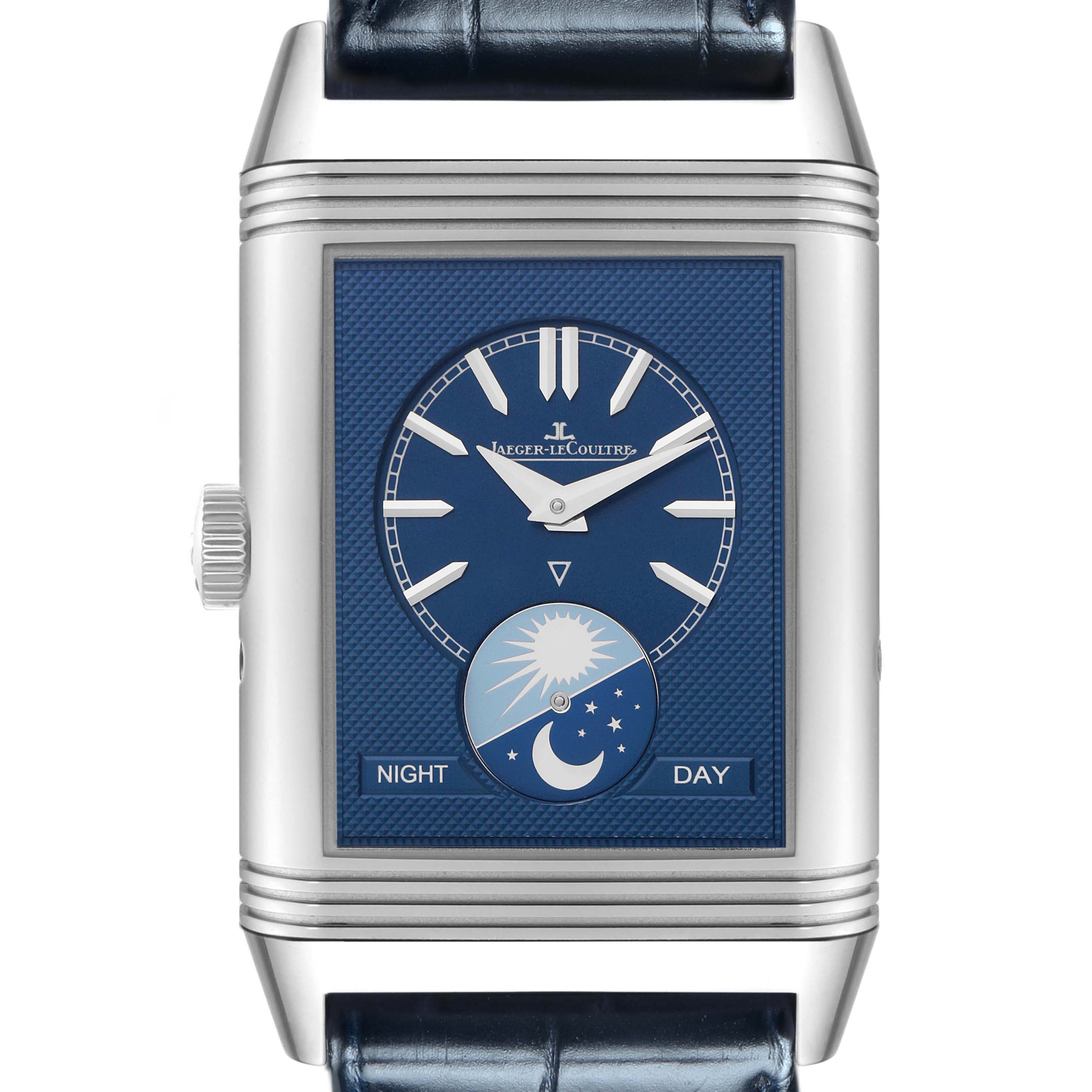 The image shows a frontal view of the Jaeger-LeCoultre Reverso watch, highlighting its dial and day-night indicator.