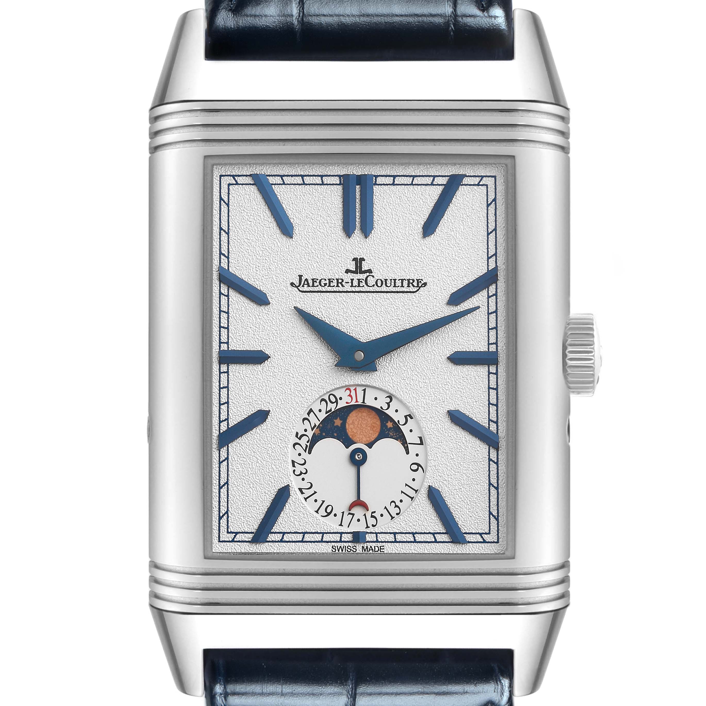 The image shows a Jaeger LeCoultre Reverso Q3958420 Men
s Stainless Steel Silver Dial Q3958420 Men
s Stainless Steel Silver Dial watch from the front, highlighting its dial, hands, and moon phase complication.