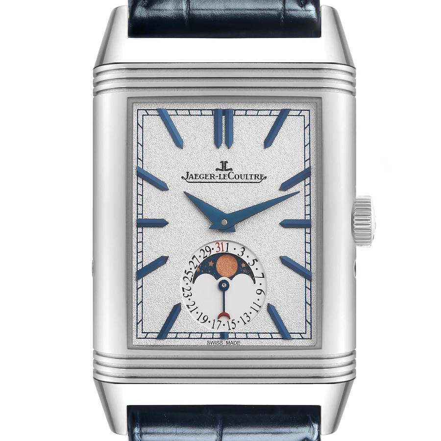 The image shows a Jaeger LeCoultre Reverso watch from the front, highlighting its dial, hands, and moon phase complication.