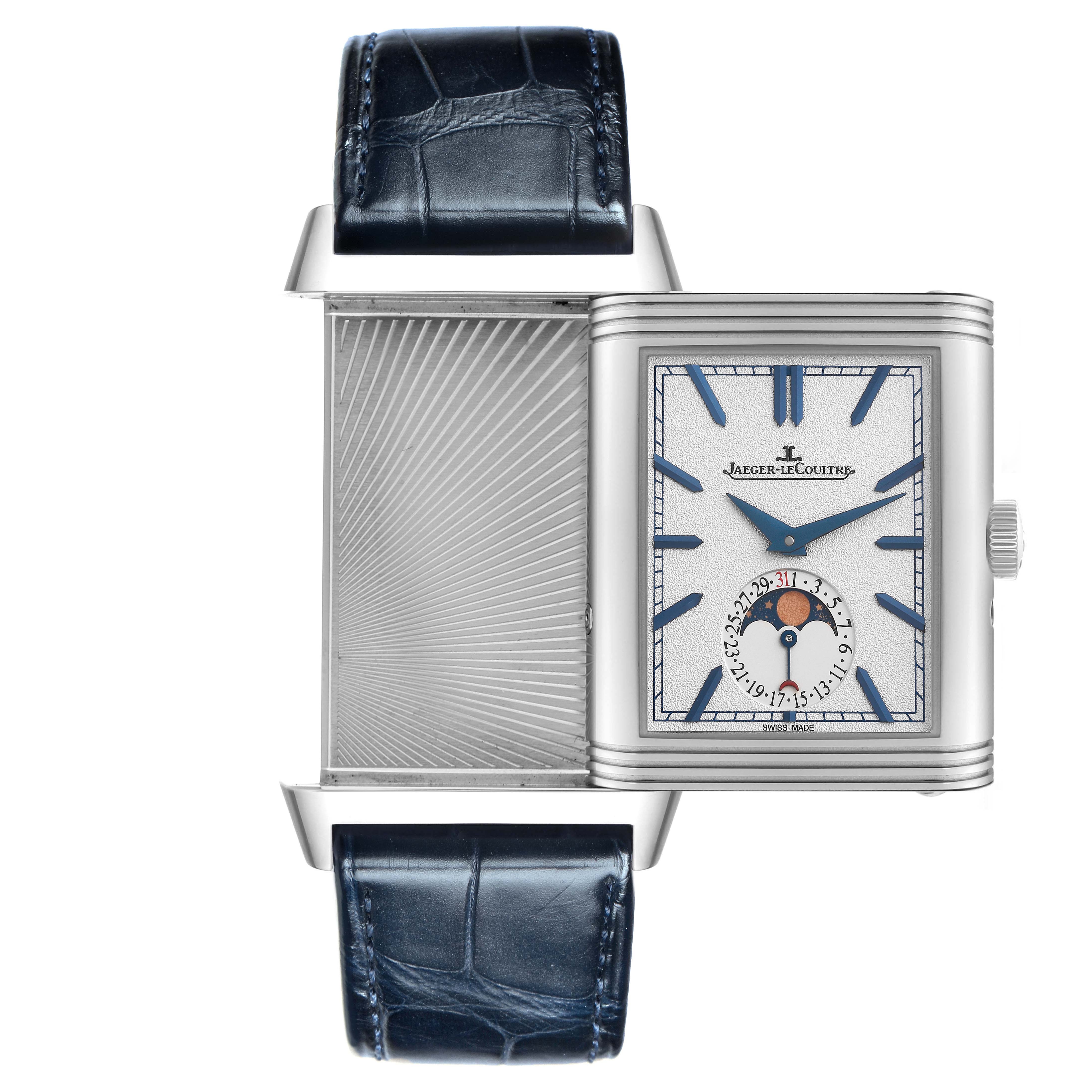 The Jaeger-LeCoultre Reverso watch is shown from the front with its case partially slid out to reveal the engravable reverse side.