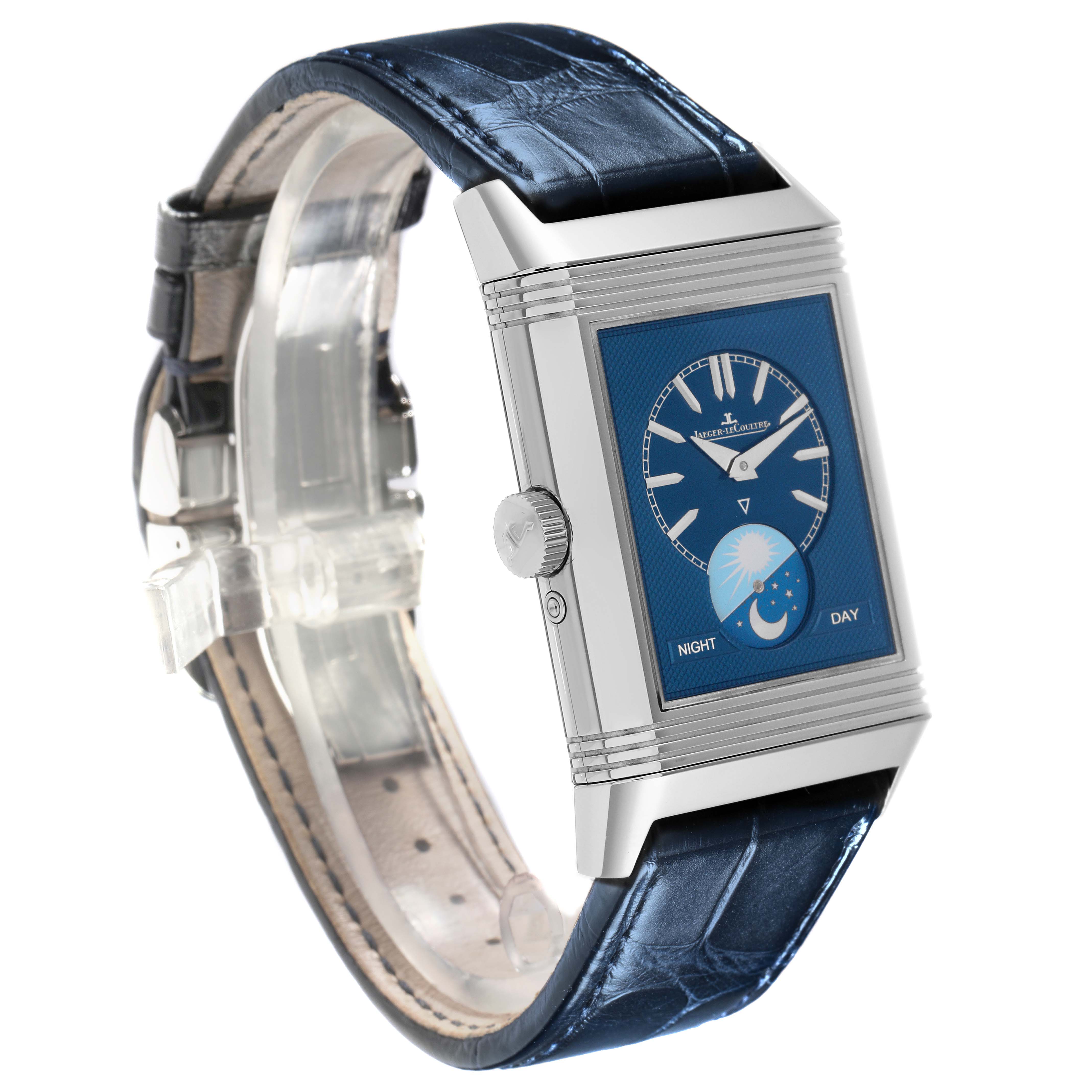 The Jaeger LeCoultre Reverso Q3958420 Men
s Stainless Steel Silver Dial Q3958420 Men
s Stainless Steel Silver Dial watch is shown at a slight angle, displaying its rectangular face, crown, and blue strap.